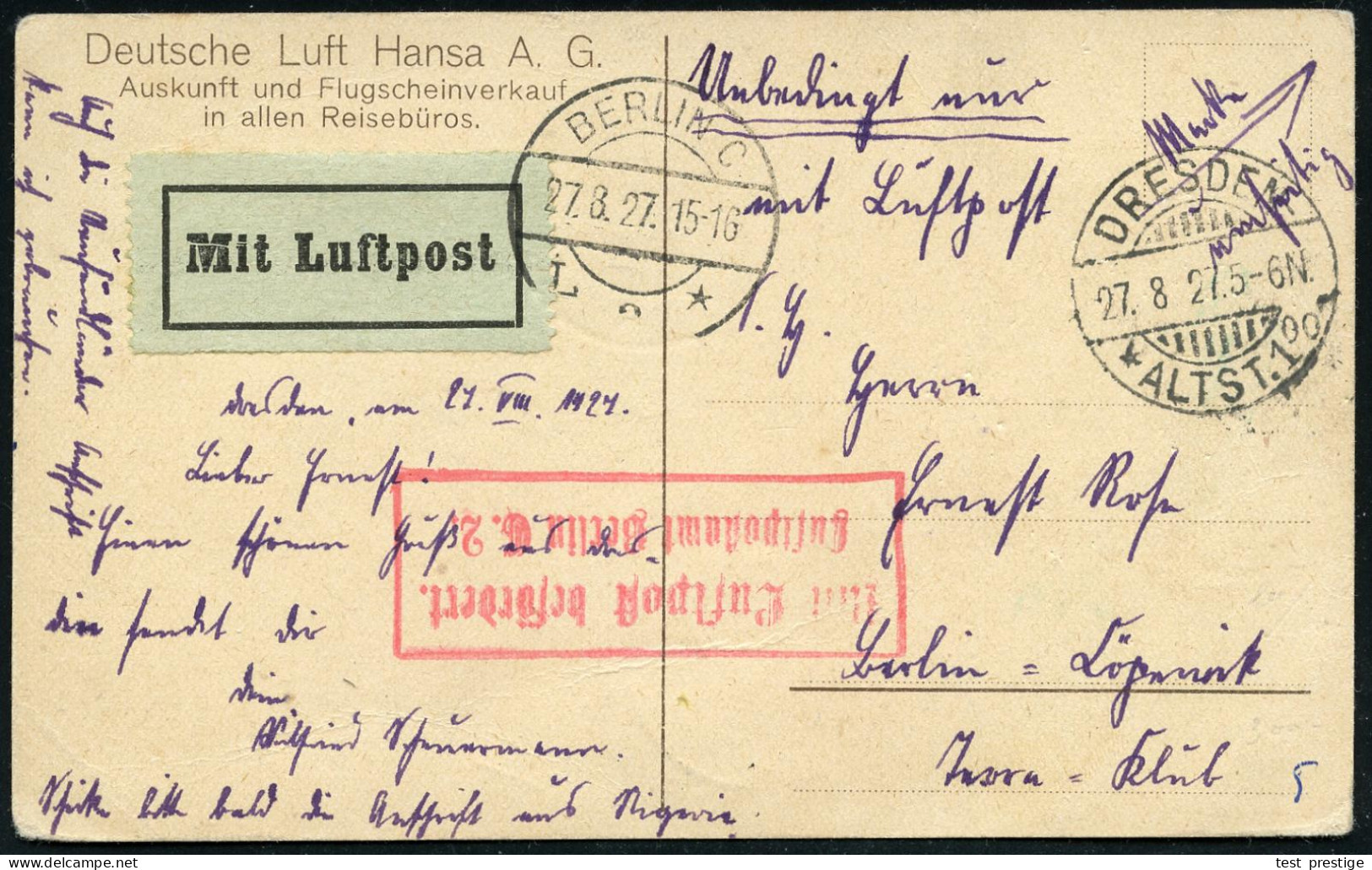 DRESDEN-/ *ALTST.1/ Oo 1927 (27.8.) 1K-Gitter Auf EF 15 Pf. Adler Vs. Auf DLH-Reklame-Ak: Dornier Wal/ (Verkehrs-Großflu - Otros (Aire)