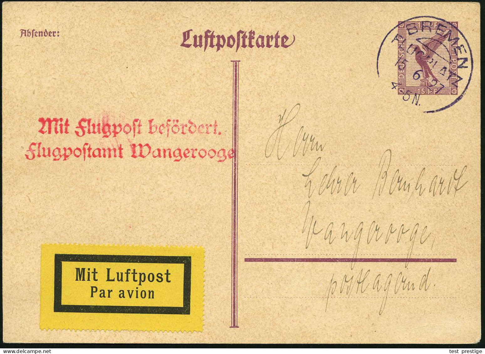 BREMEN/ FLUGPLATZ 1927 (15.6.) Viol. 1K-Segm. (Mi.A 8-01 B, + 15.-EUR) Auf LP 15 Pf. Adler, Erstflug: Bremen - Wangeroog - Otros (Aire)