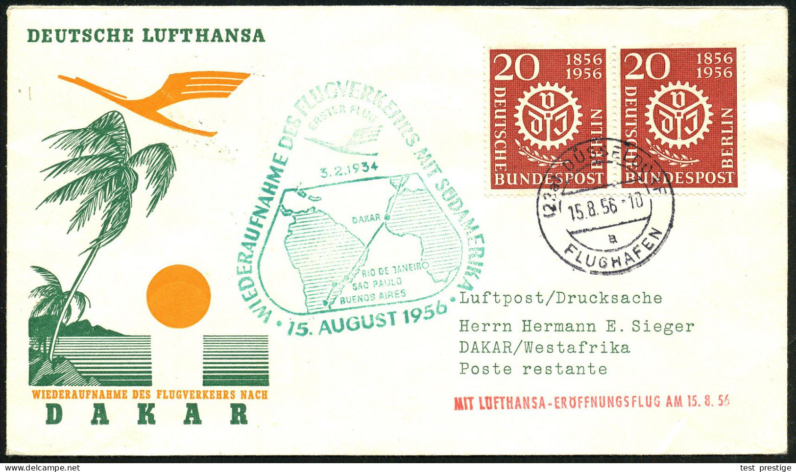 (22a) DÜSSELDORF/ A/ FLUGHAFEN 1956 (15.8.) 2K-Steg Auf DLH-Erstflug-SU: DÜSSELDORF - DAKAR (rs. AS) + Grüner DLH-HdN. ( - Autres (Air)