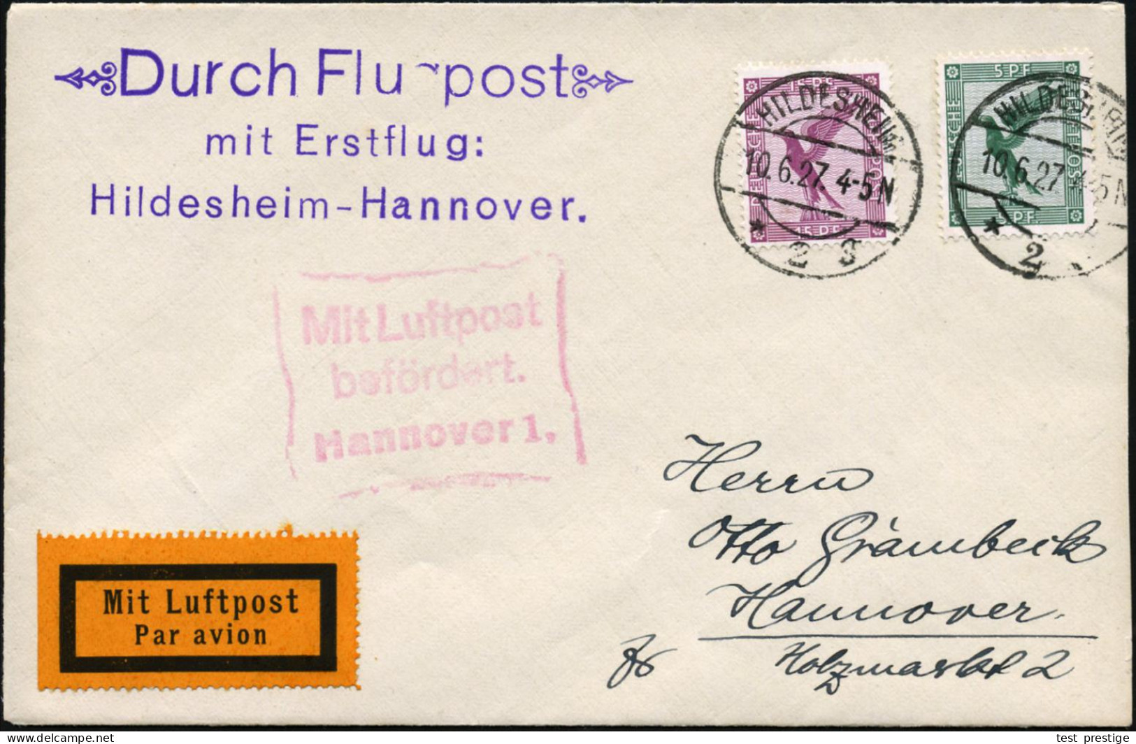 HILDESHEIM/ *2S 1927 (10.6.) 1K-Brücke Auf Flp. Adler 5 Pf. U. 15 Pf. (Mi.379, A 379) Viol. 3L: ..mit Erstflug: Hildeshe - Otros (Aire)