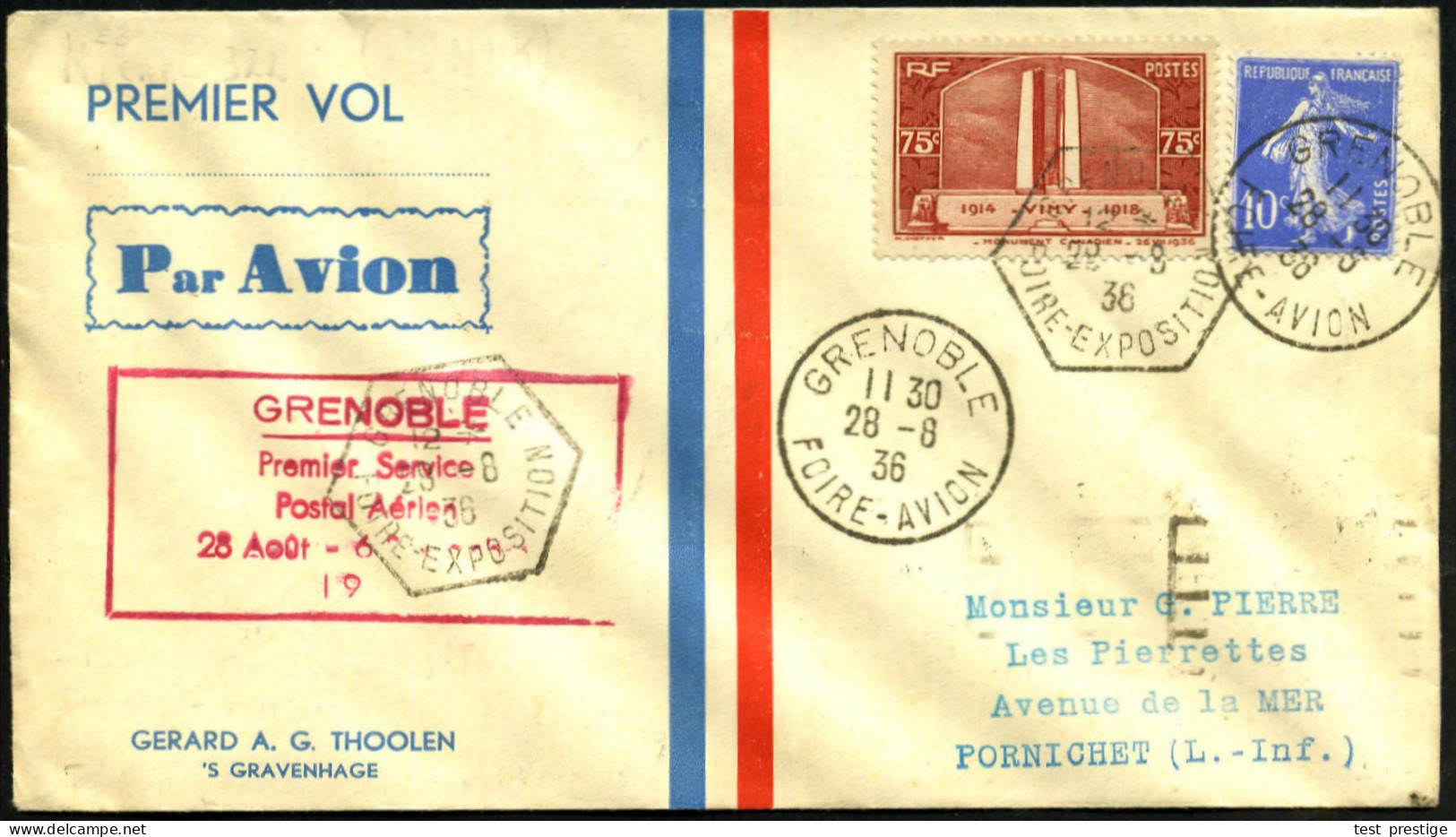 FRANKREICH 1936 (28.8.) Erstflug-SU.: Air France: Grenoble - Pornichet (AS), 6eck-SSt: GRENOBLE/ FOIRE-EXPOS. + 1K: GREN - Other (Air)