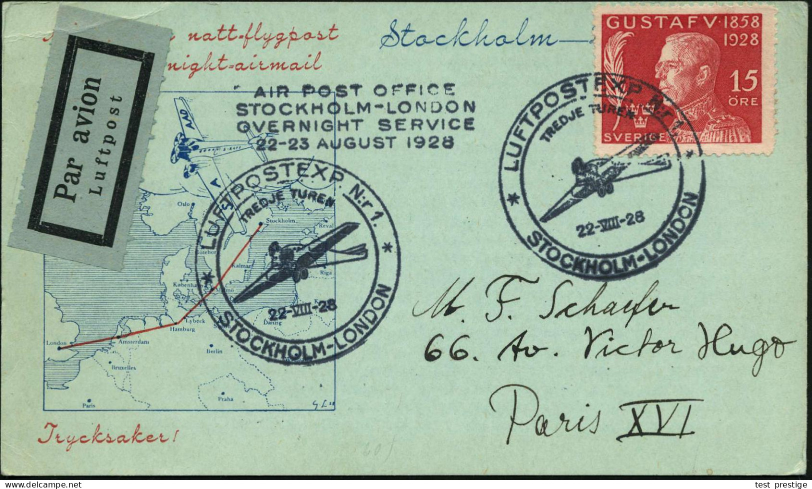 SCHWEDEN 1928 (22.8.) Erstflug-Sonder-Kt.: STOCKHOLM - LONDON , 2x Flp.-SSt: LUFTPOSTEXP. Nr.1/TREDJE TUREN (= Junkers F - Sonstige (Luft)