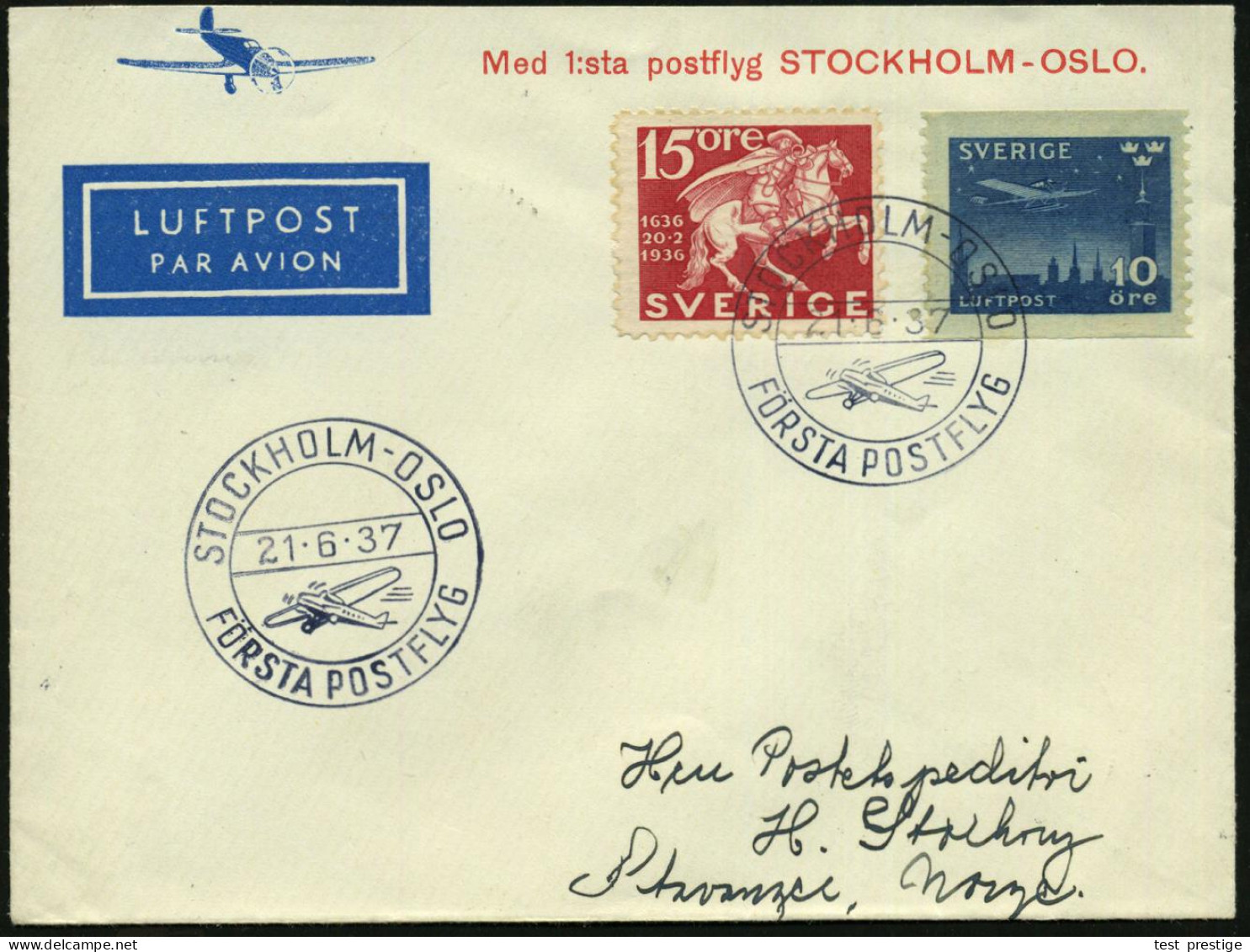 SCHWEDEN /  NORWEGEN 1937 (21.6.) Erstflug: Stockholm - Oslo (DNL) 2 X Blauer Flp-SSt: STOCKHOLM - OSLO/ FÖRSTA POSTFLYG - Autres (Air)