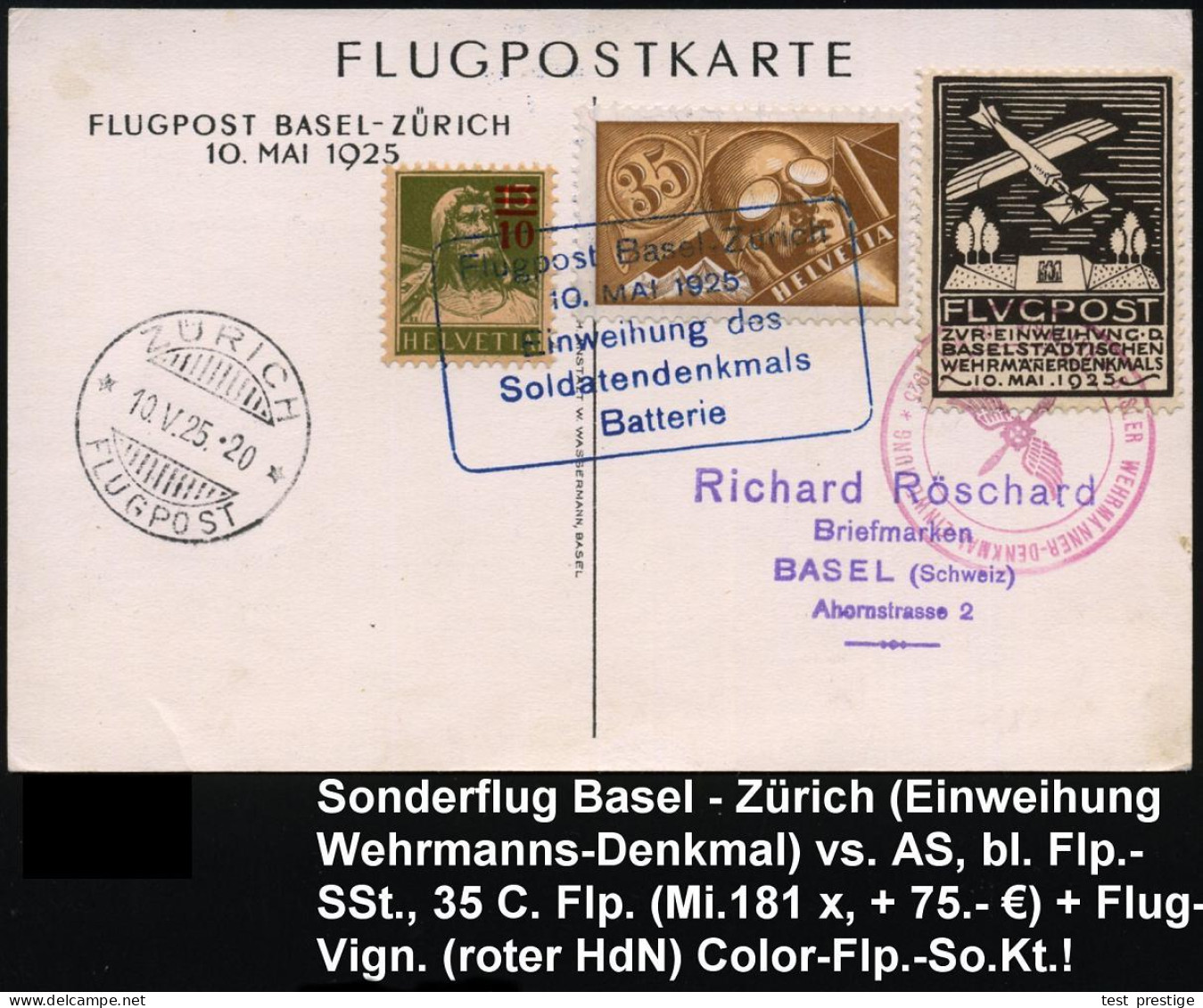 SCHWEIZ 1925 (10.5.) Sonderflug: Basel - Zürich (Pilot Koepke) Mit Flp-Marke 35 C., (Mi.181 U.a., + 75.- EUR) + Flp.-Spe - Otros (Aire)