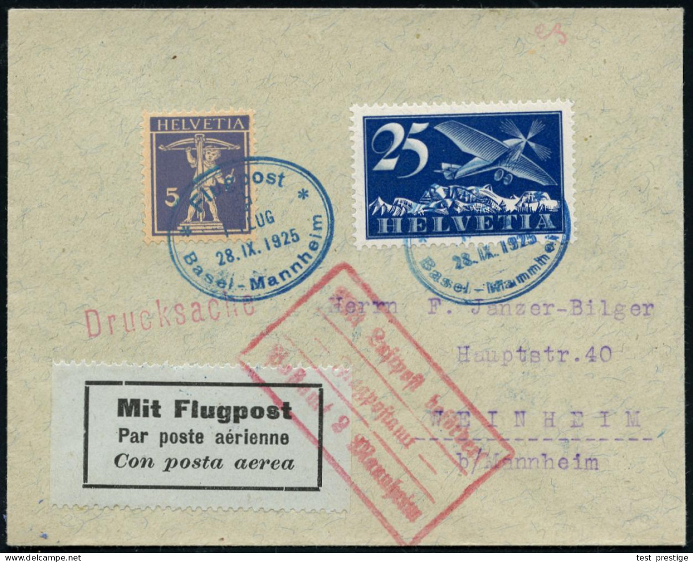 SCHWEIZ 1925 (28.9.) Erstflug-Bf.: Basel - Mannheim, Roter Ra3: MLb/Flugpostamt/ Postamt 2 Mannheim (Mi.F 72-02 A,+ 20.- - Sonstige (Luft)