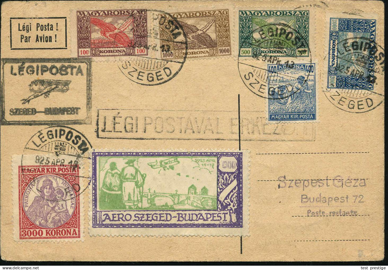 UNGARN 1925 (13.4.) Erst-Rückflug Szeged - Budapest, Flp.-Frankatur "Ikaris"-Kurzsatz (bis 2000 Kr.) Schw. Flp.-HdN + Vi - Autres (Air)