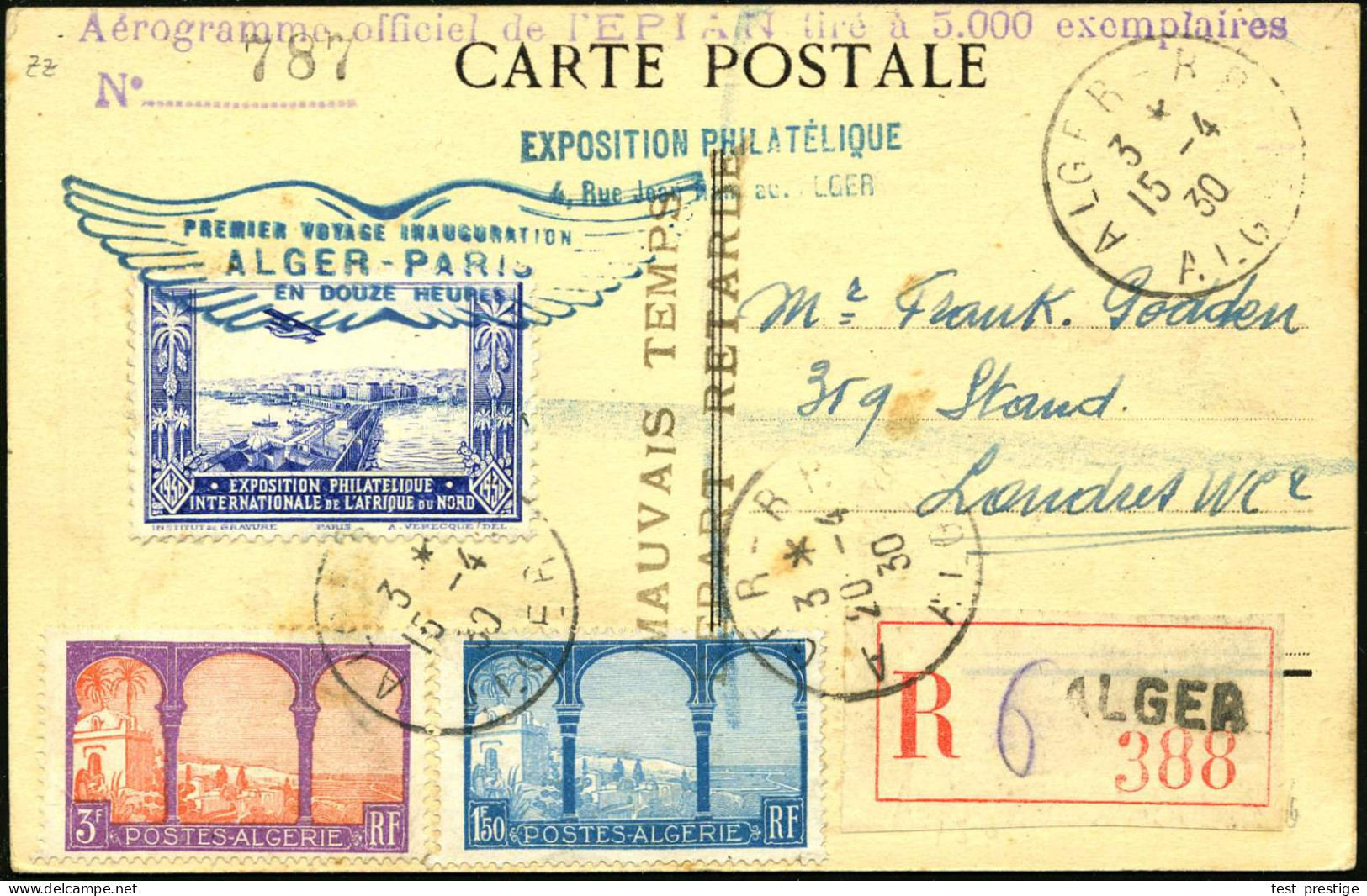 ALGERIEN 1930 (15.4.) Erstflug: Algier - Paris, Blaue Flp.-Vignette: Expos.Philatélique + Bl. Flügel-HdN: PREMIER VOYAGE - Otros (Aire)