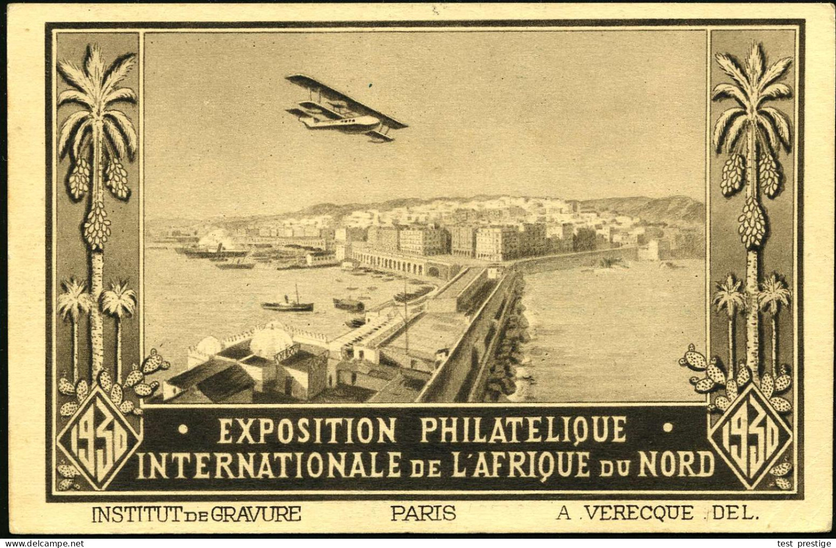 ALGERIEN 1930 (15.4.) Erstflug: Algier - Paris, Blaue Flp.-Vignette: Expos.Philatélique + Bl. Flügel-HdN: PREMIER VOYAGE - Sonstige (Luft)