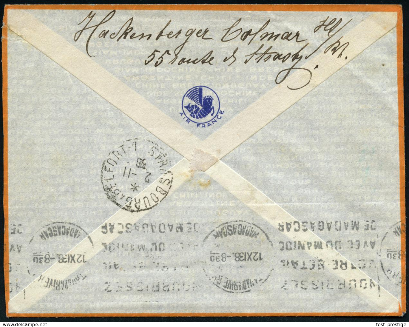 FRANKREICH 1938 (14.11.) 1,75 F. Besuch George VI., 2x + 1K: COLMAR PRICIPAL.. + Hs.: "Premier Service Frankreich - Cong - Autres (Air)