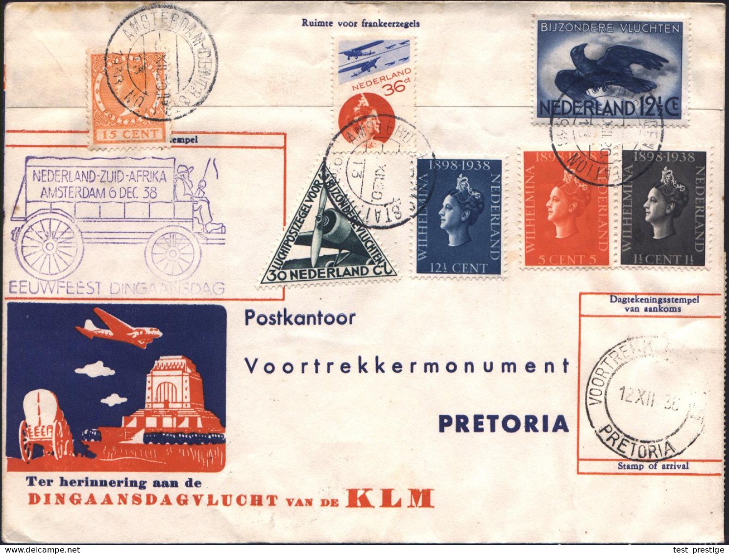 NIEDERLANDE /  SÜDAFRIKA 1938 (5.12.) KLM-Vortrekker-Sonderflug: Amsterdam - Pretoria - Amsterdam (je AS), Vs./rs. KLM-S - Other (Air)