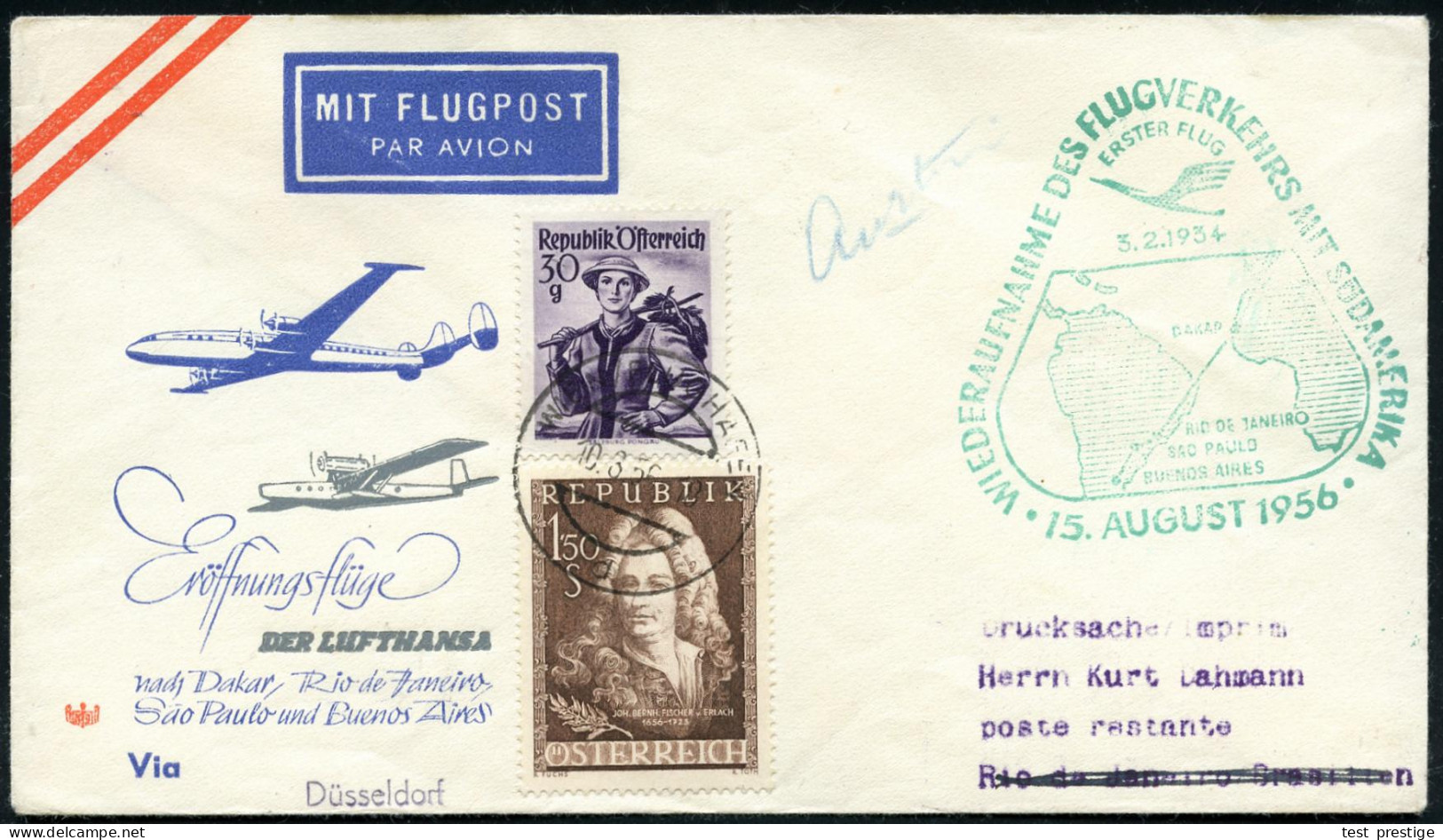 ÖSTERREICH 1956 (10.8.) Erstflug-SU.: Deutsche Lufthansa Deutschland - Südamerika, Seltene Zuleitung Aus Wien , österr.  - Otros (Aire)