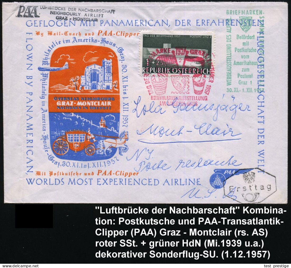 ÖSTERREICH 1957 (1.12.) Roter SSt: GRAZ/TAG DER BRIEFMARKE/BRIEFM.AUSSTELLUNG/AMERIKA-HAUS (Flaggen) EF 1 S.+25 Gr. TdB  - Other (Air)