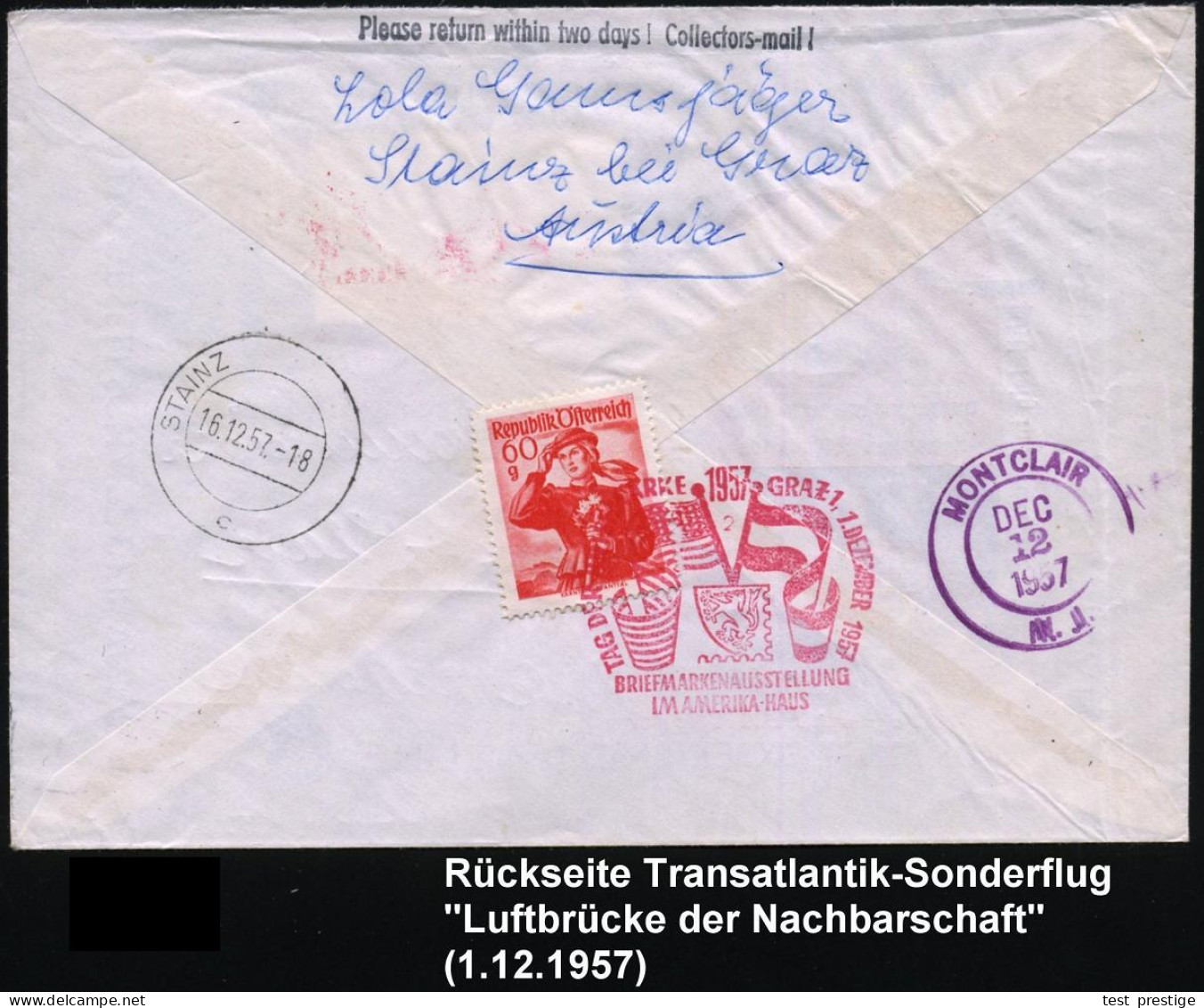 ÖSTERREICH 1957 (1.12.) Roter SSt: GRAZ/TAG DER BRIEFMARKE/BRIEFM.AUSSTELLUNG/AMERIKA-HAUS (Flaggen) EF 1 S.+25 Gr. TdB  - Other (Air)