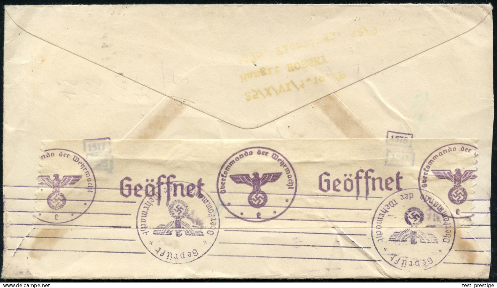 U.S.A. 1940 (30.8.) 30 C. "Transatlantik", EF (1K: NEW YORK,N.Y./BRONX..) Rs. Viol. OKW-Zensur-BdMaSt + Klebestreifen "e - Sonstige (Luft)