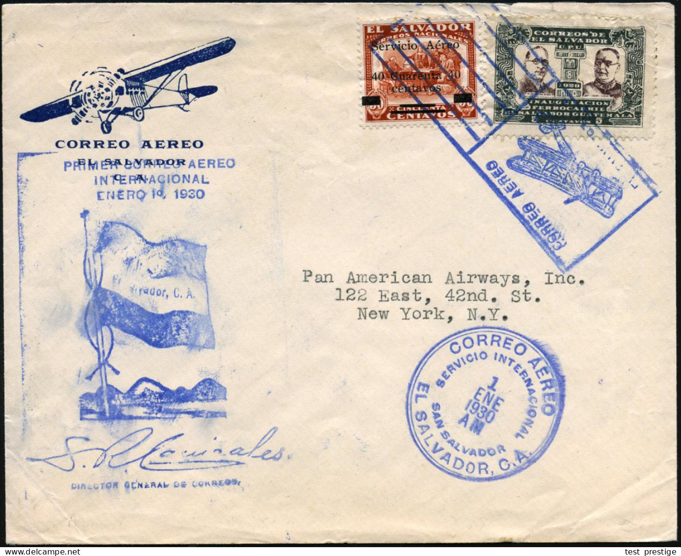 EL SALVADOR 1930 (1.1.) Erstflug-Bf.: San Salvador - New York (rs. Bl.AS) Blauer FaWSt.: CORREO AEREO/SAN SALVADOR (Dopp - Other (Air)