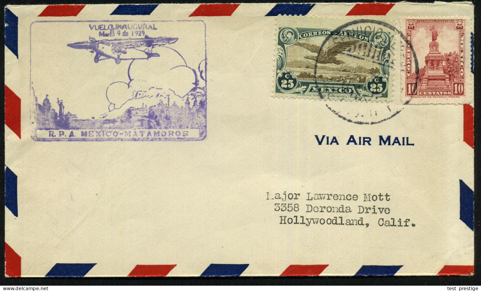 MEXICO 1929 (9.3.) Erstflug-BHf.: Mexico - Matamoros Weitergeleitet N. USA, Flp.-Frankatur 25 C. Condor (Mi.598 U.a.) Vi - Otros (Aire)