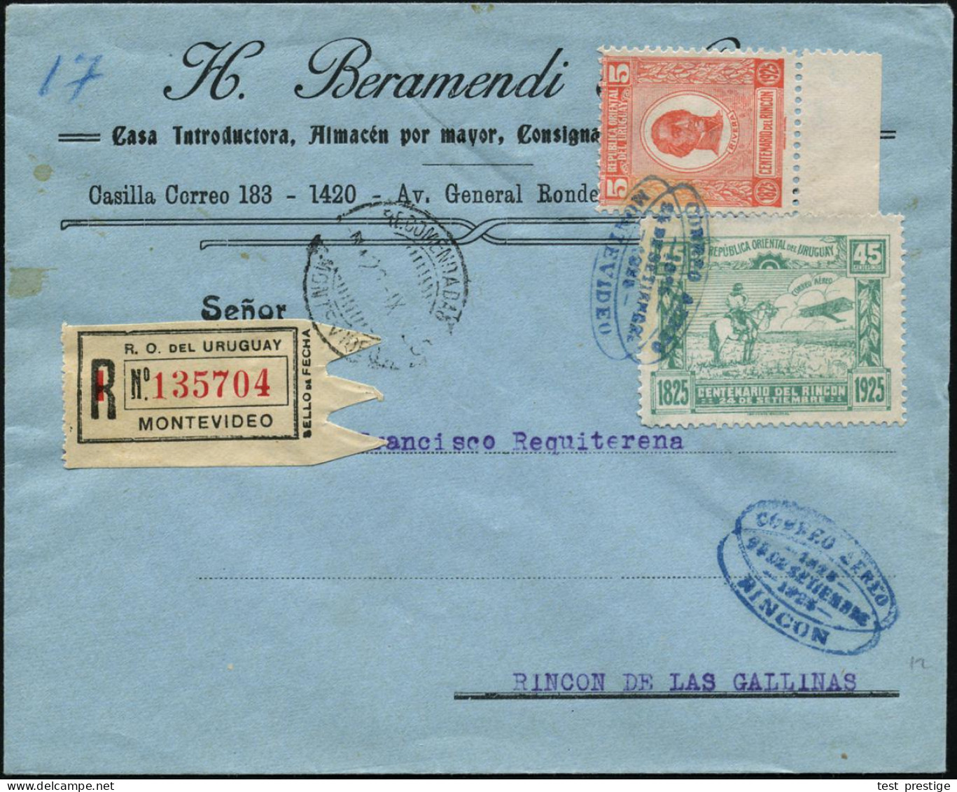 URUGUAY 1925 (24.9.) Erstflug: Rincon - Montevideo, 45 C. Flp.-Sondermarke (Reiter V.Rinc&oacute;n) U.a. (Mi.313 U.a.) B - Autres (Air)