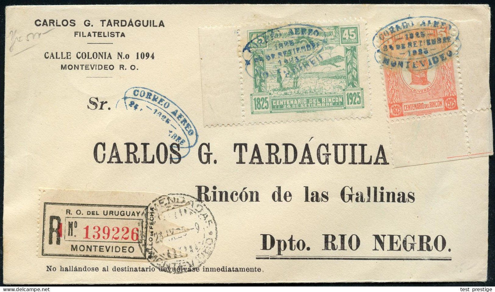 URUGUAY 1925 (24.9.) Erstflug: Montevideo - Rincon , 45 C. Flp.-Sondermarke! (Mi.313 U.a.) Blauer Zier-SSt: MONTEVIDEO/  - Autres (Air)