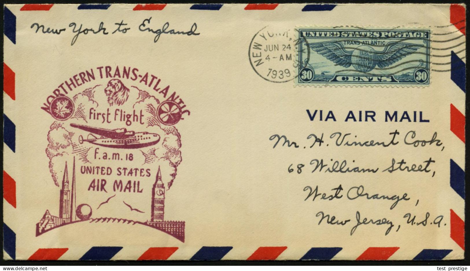 U.S.A. 1939 (24.6.) Transatlantik-Erstflug-Bf.: FAM 18 USA - England - USA , EF 30 C. "Trans-Atlantic" + Amtl., Viol. Hd - Autres (Air)