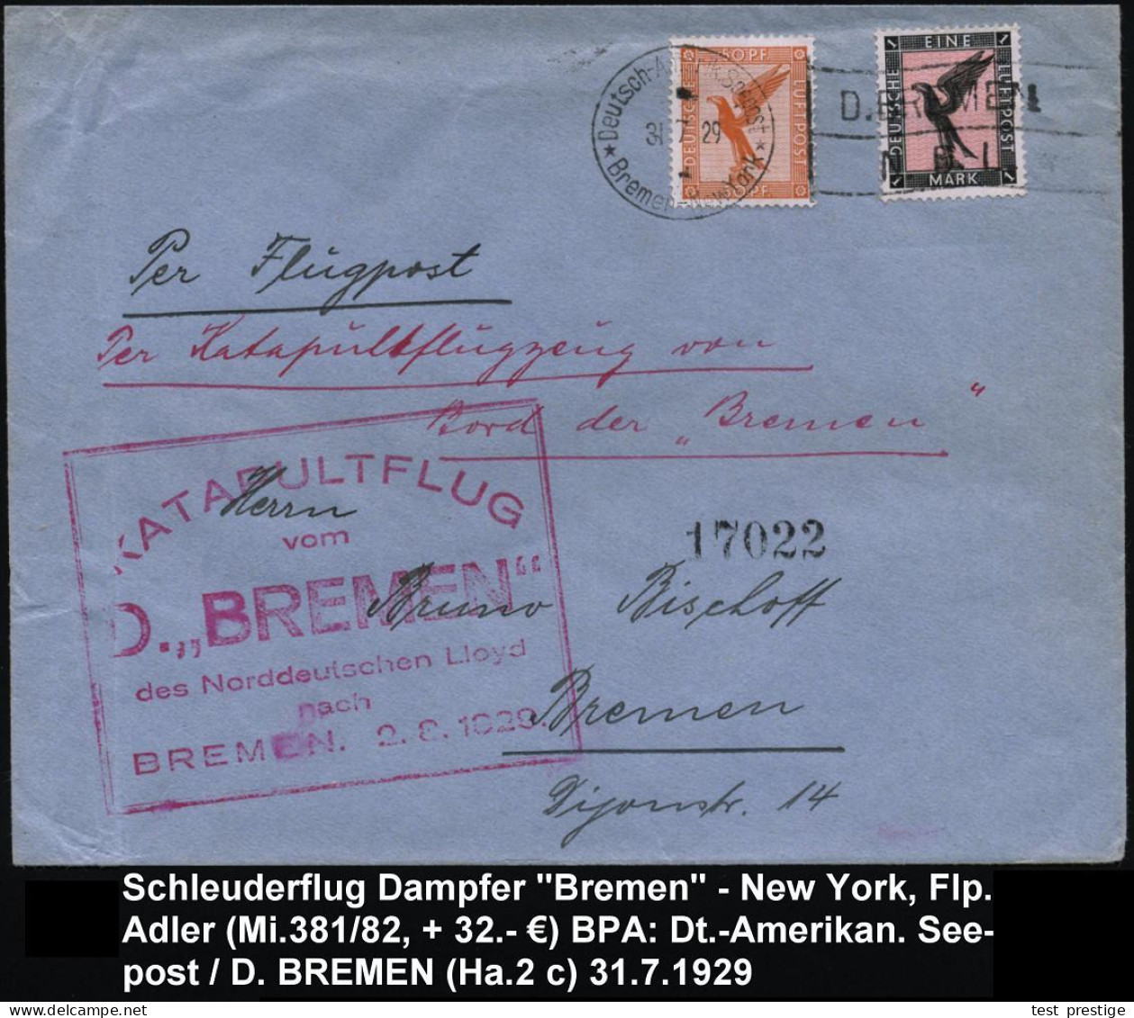 DEUTSCHES REICH 1929 (31.7.) BPA-MaSt: Deutsch-Amerik. Seepost/*Bremen-New York*/D.BREMEN/N.D.L. A. Adler 50 Pf. + 1 Mk. - Otros (Aire)