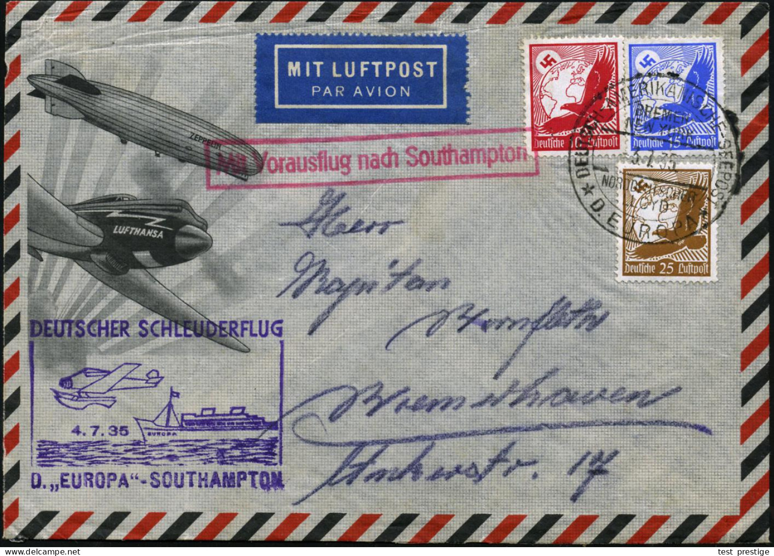 DEUTSCHES REICH 1935 (3.7.) 2K-BPA: DEUTSCH-AMERIKANISCHE SEEPOST/BREMEN/NEW YORK/NDL/D.EUROPA + Roter Ra.: Mit Vorausfl - Other (Air)