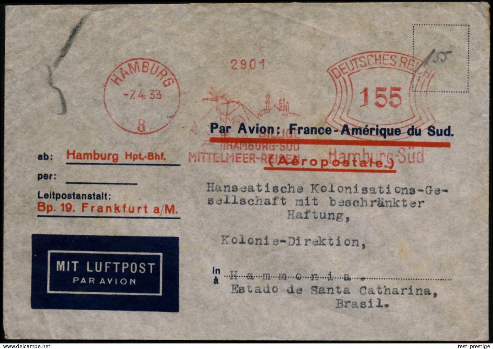 HAMBURG/ 8/ BILLIGE/ HAMBURG-SÜD/ MITTELMEER-REISEN/ Hamburg-Süd 1933 (7.4.) AFS Francotyp 155 Pf. = 2 Pyramiden U. Sphi - Sonstige (Luft)