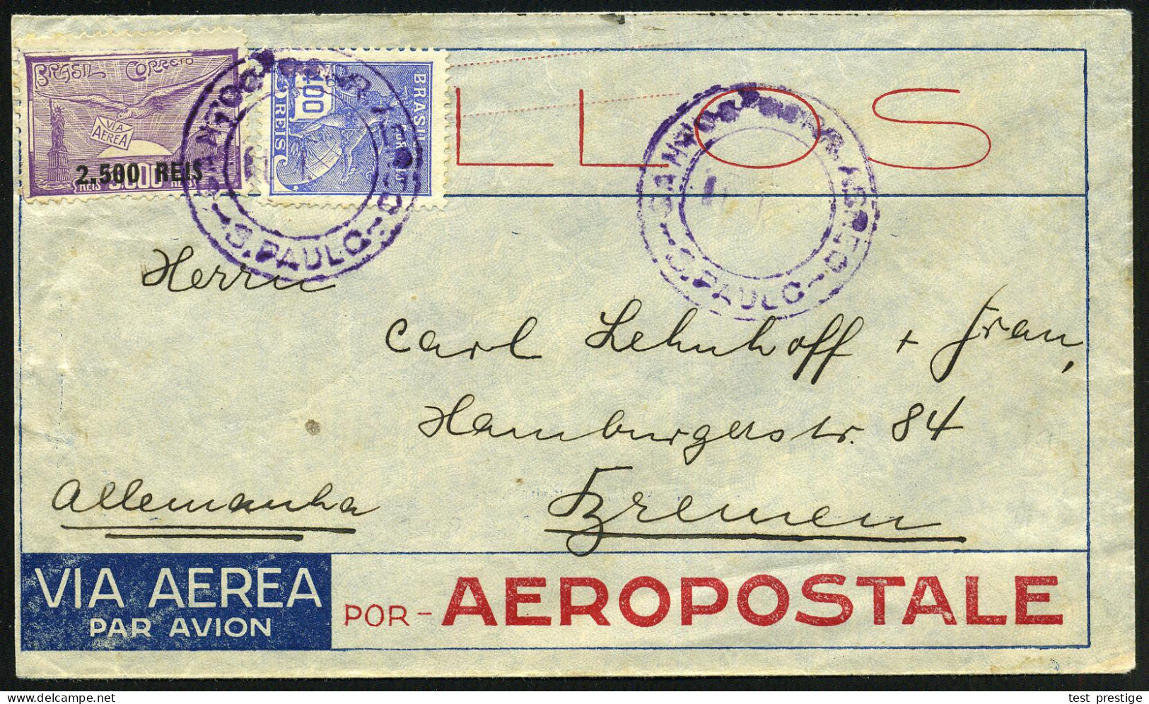 BRASILIEN 1932 (1.1.) Flp.-Provis. 2,500 R./3.000 R. U.a. (Mi.368 U.a.), Viol. 2K: S. PAULO , Vordruck-Bf.: VIA AEREA PO - Autres (Air)
