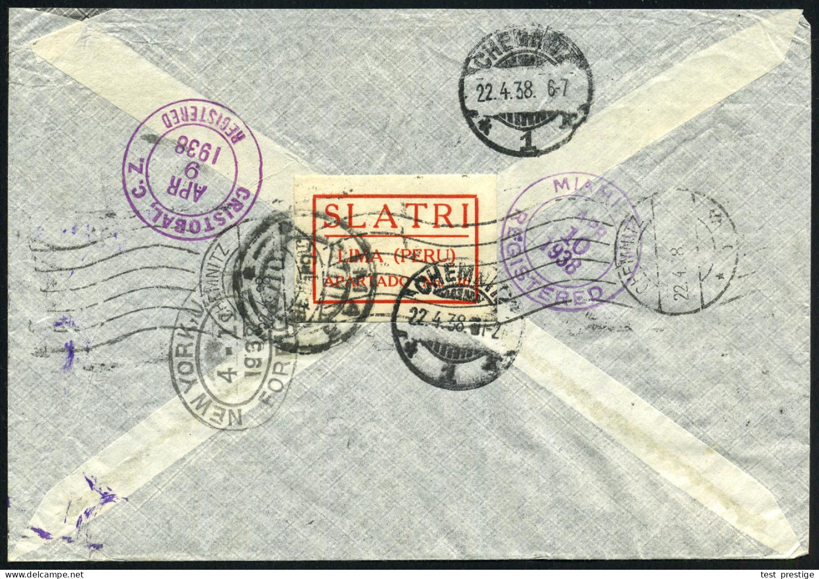 PERU 1938 (8.4.) 2K-Gitter: LIMA + Stummer RZ Von Lima + Viol. Leit-Stempel: VIA  E E.  U U. Via Cristobal, Miami, New Y - Sonstige (Luft)