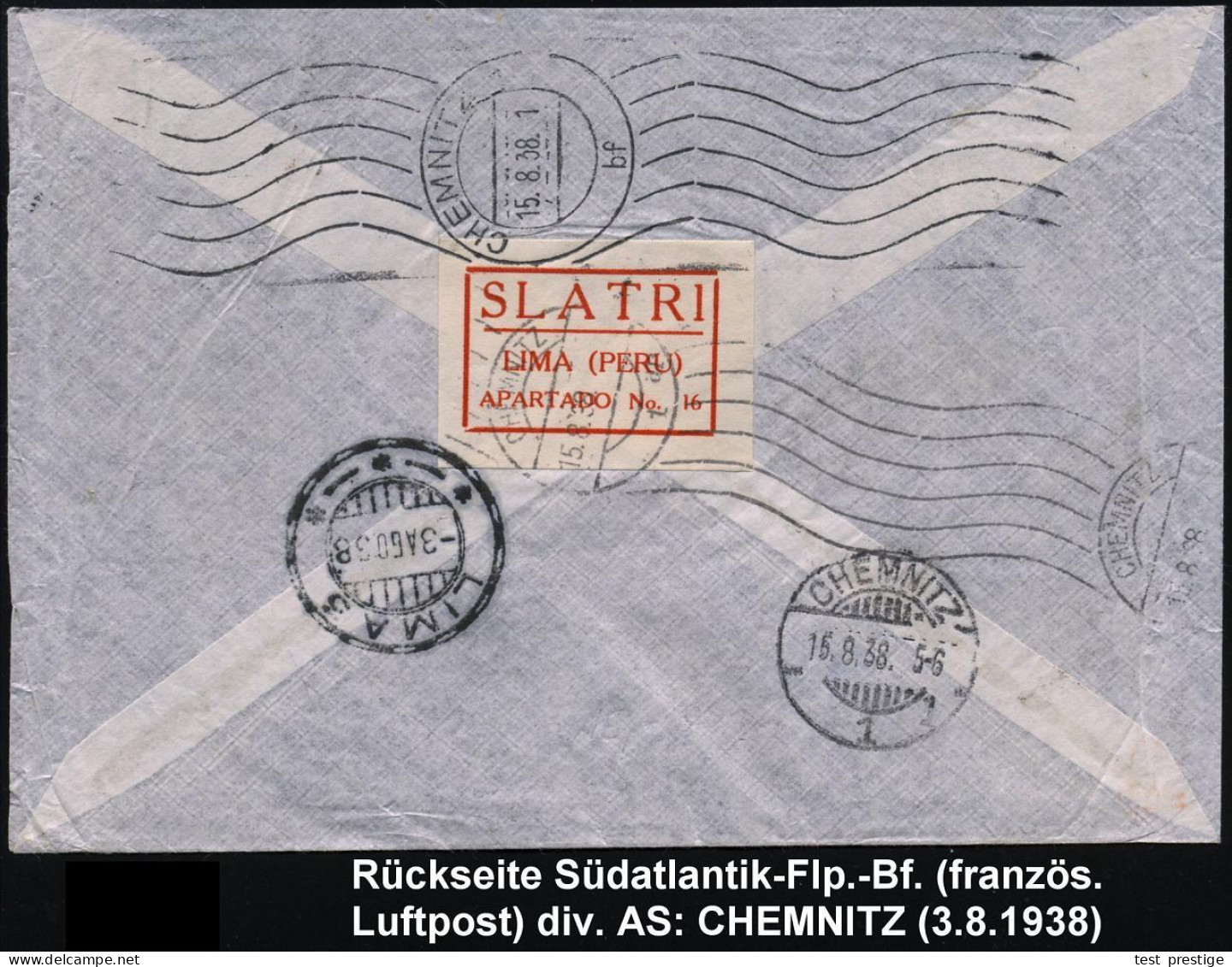 PERU 1938 (3.8.) 2K-Gitter: LIMA 3 + Stummer RZ (ohne Ort) + Viol. Leit-2L: Via FAUCETT/ AIR FRANCE , Sauber Gest. Flp.- - Other (Air)