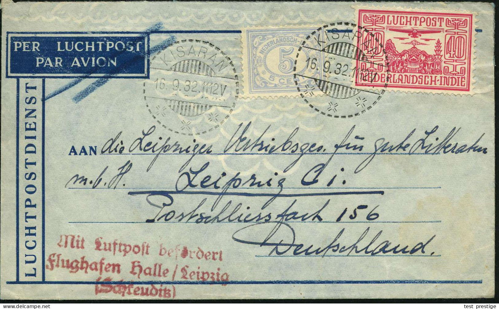 NIEDERL.INDIEN 1932 (16.9.) 40 C. Flp. U.a., 1K-Gitter: KISARAN, Übersee-Flp.-Bf., Roter AS-3L: MLb/ Flughafen Halle - L - Autres (Air)