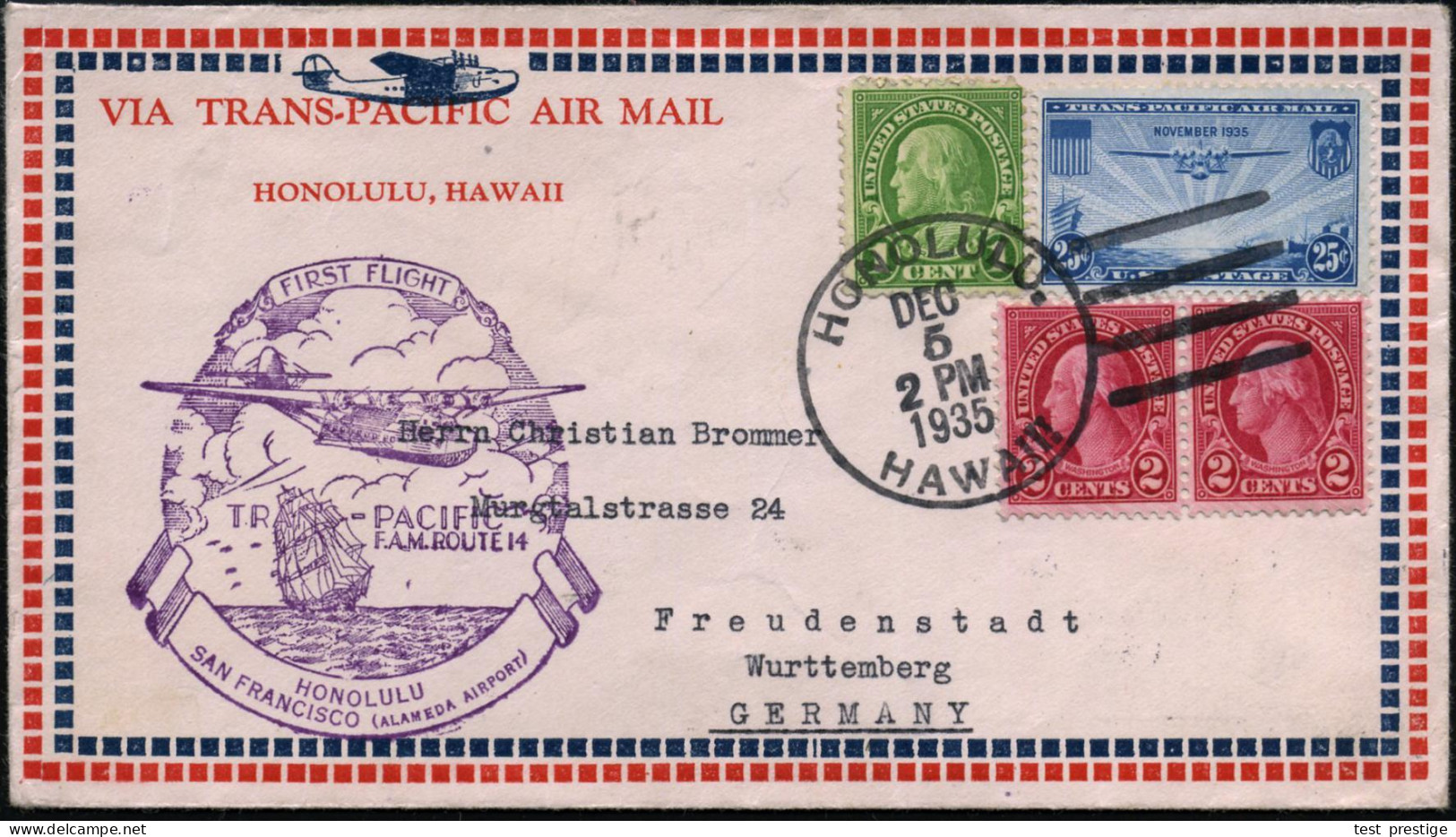 U.S.A. 1935 (5.12.) Erstflug (PAA) FAM 14: Honolulu - San Francisco (AS) 25 C. Transpacific (Mi.380 U.a.) + Viol.HdN: F. - Autres (Air)