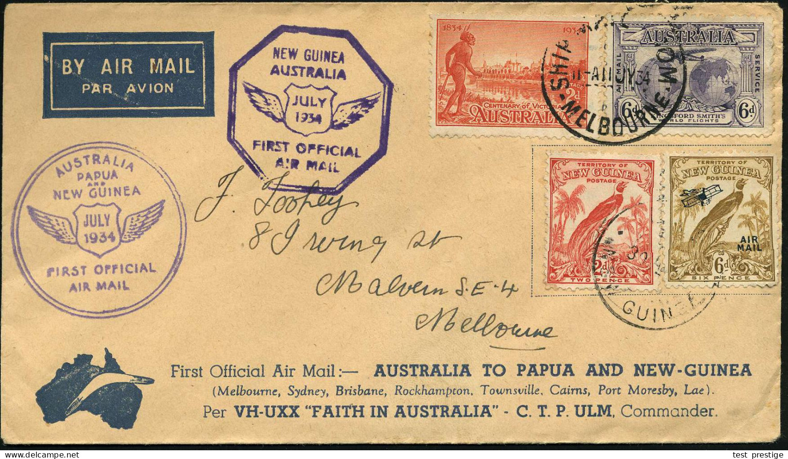 AUSTRALIEN /  NEUGUINEA 1934 (24.11.) Erstflug "Faith In Australia": Melbourne - Lae (Neu Guinea) - Melbourne (vs./rs.2  - Other (Air)