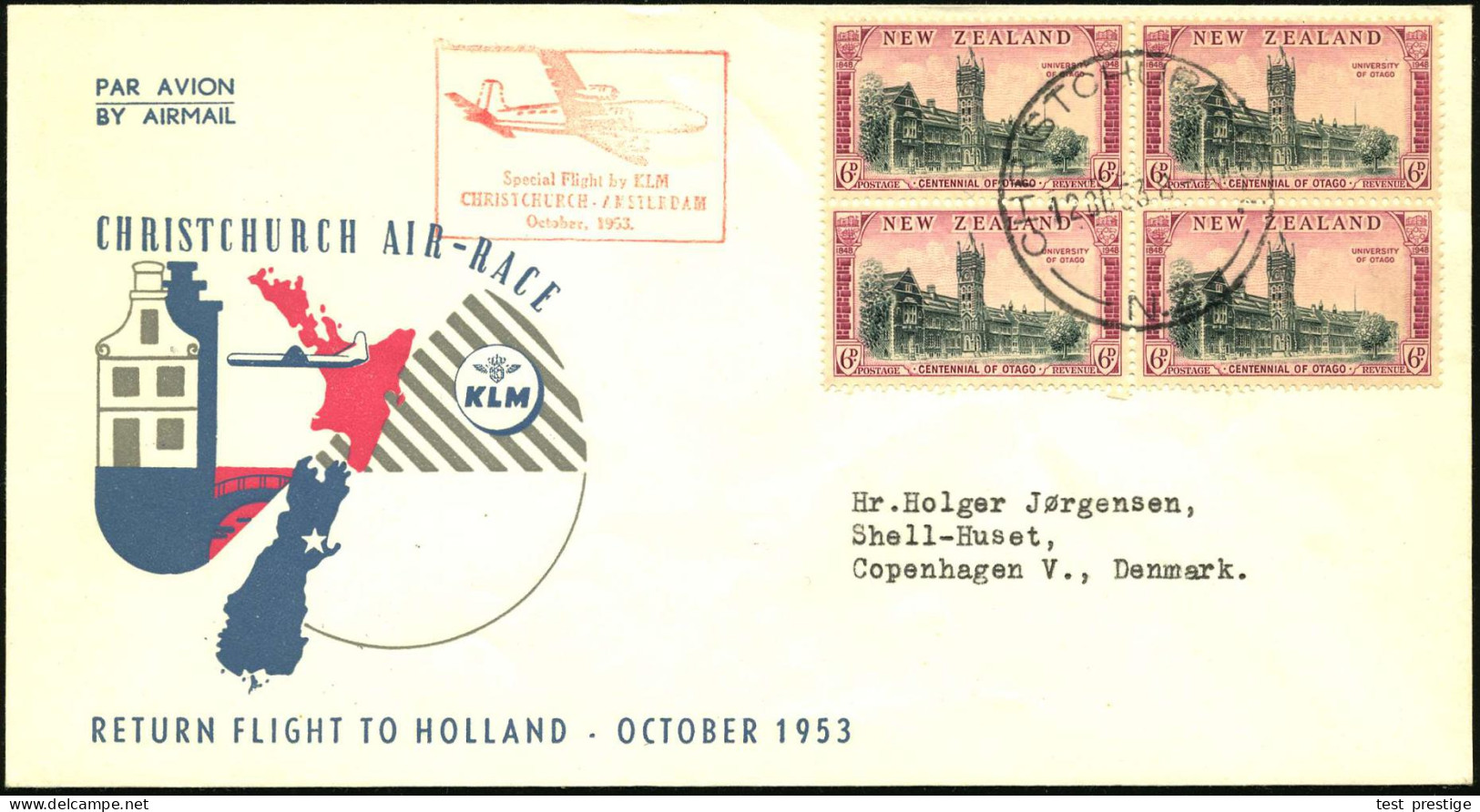 NEUSEELAND 1953 (12.10.) Erstflug (KLM): Christchurch - Amsterdam (AS) 4er-Bl. 6 P. Otago-Universitäts-Jubiläum + Roter  - Other (Air)