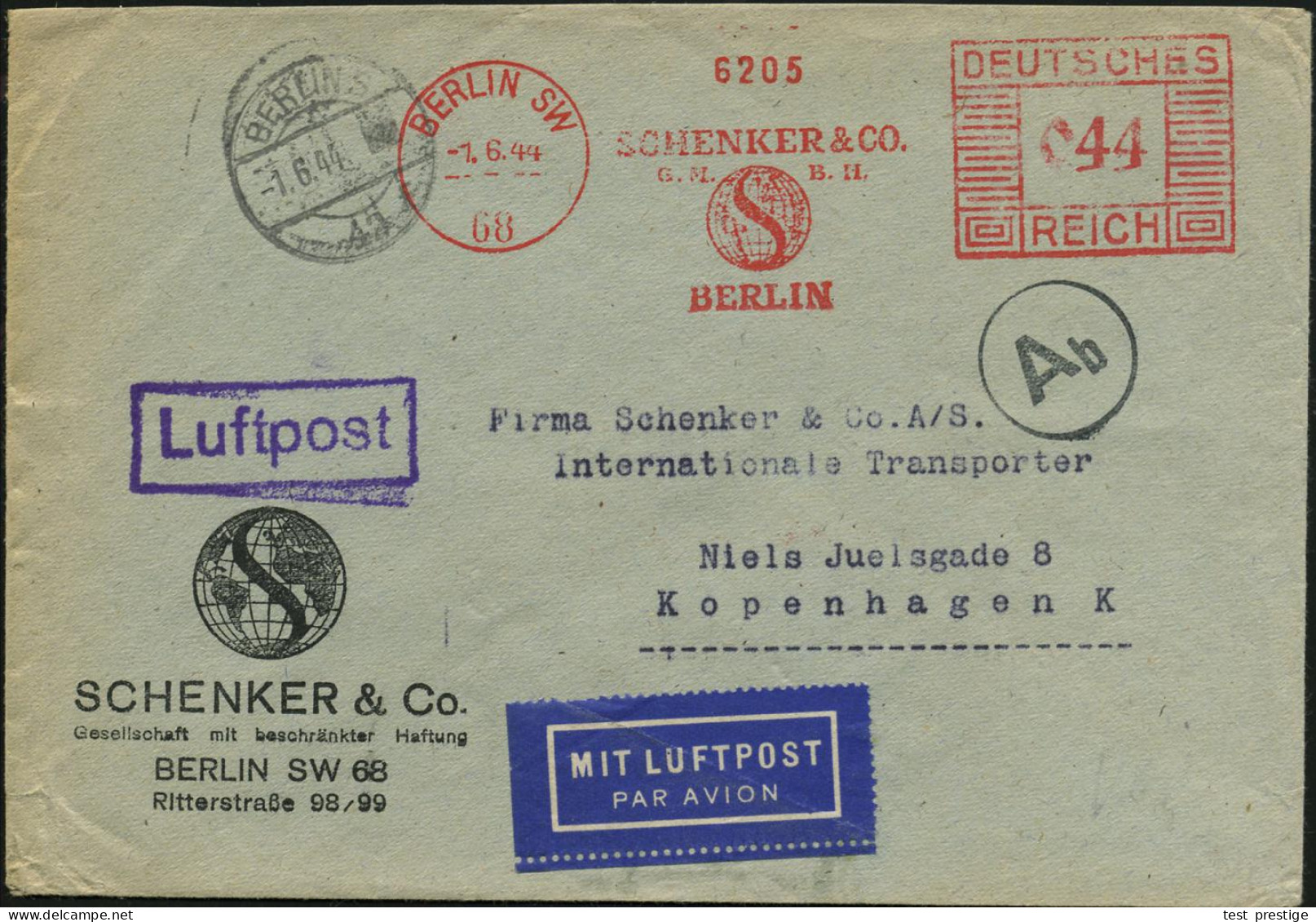 BERLIN SW/ 68/ SCHENKER & CO.. 1944 (1.6.) AFS Francotyp 044 Pf. (Globus) + Schw. Durchlauf-Zensur-1K: A B (= Berlin, Ri - Autres (Air)