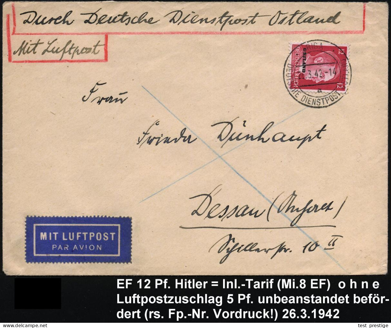 DT.BES.LETTLAND 1942 (26.3.) 2K-Steg: RIGA/a/DDP Auf EF 12 Pf. Hitler + Vermerk "Durch Deutsche Dienstpost Ostland", Rs. - Autres (Air)