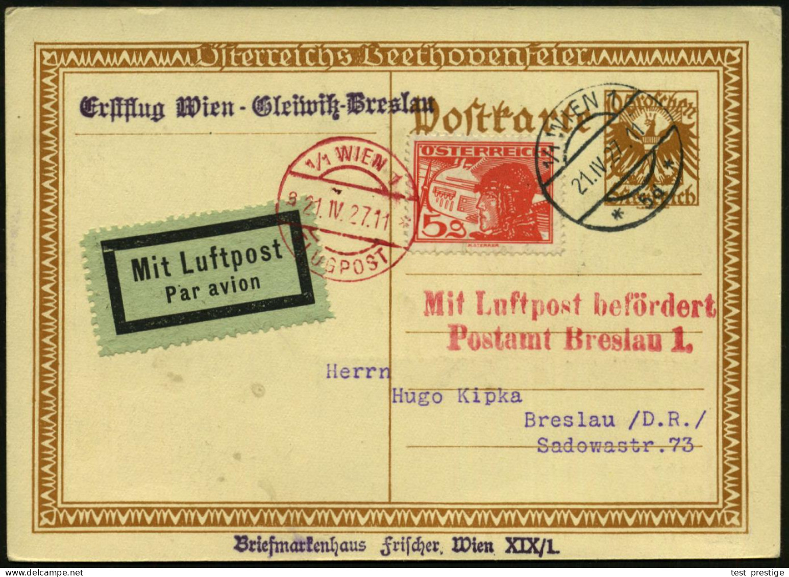 Breslau 1 1927 (21.4.) Roter 2L: Mit Luftpost Befördert/Postamt Breslau 1. (Mi.F 9-01, 30.- EUR) Auf Östwerreich, Sonder - Autres (Air)