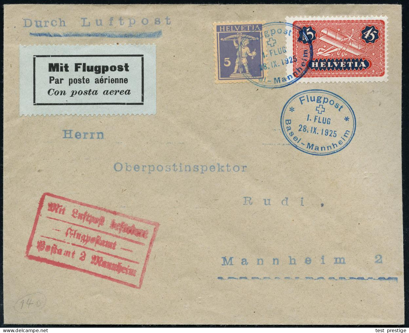 Mannheim 1925 (28.9.) Roter Ra3: MLb/Flugpostamt/ Postamt 2 Mannheim (Mi.F 72-02 A,+ 20.- EUR) + Blauer Oval-SSt: Flugpo - Otros (Aire)