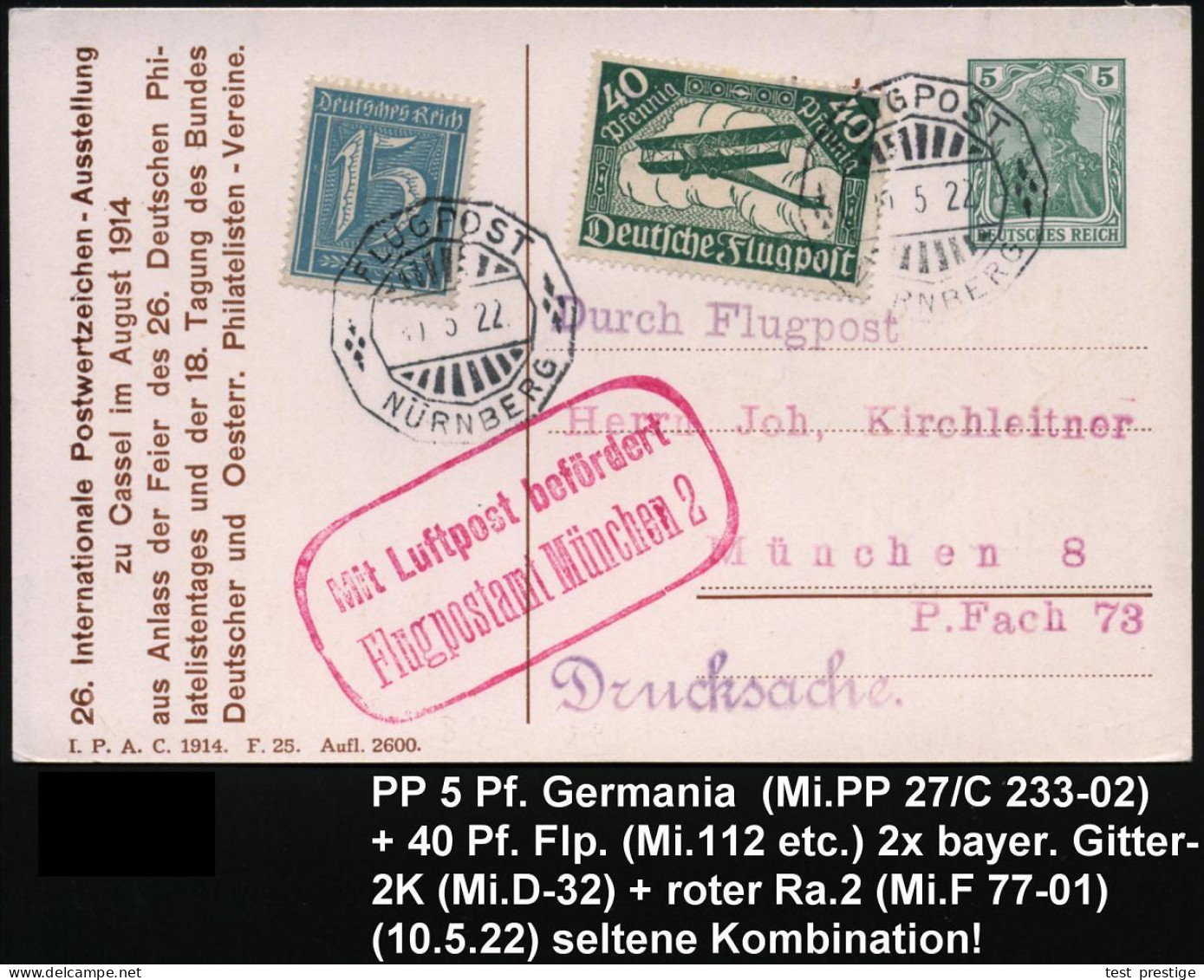 München /  Nürnberg 1922 (Mai) Zier-SSt: FLUGPOST/ NÜRNBERG  2x Auf PP 5 Pf. Germania, Grün: 26. Internat. Postwertz.-Au - Autres (Air)