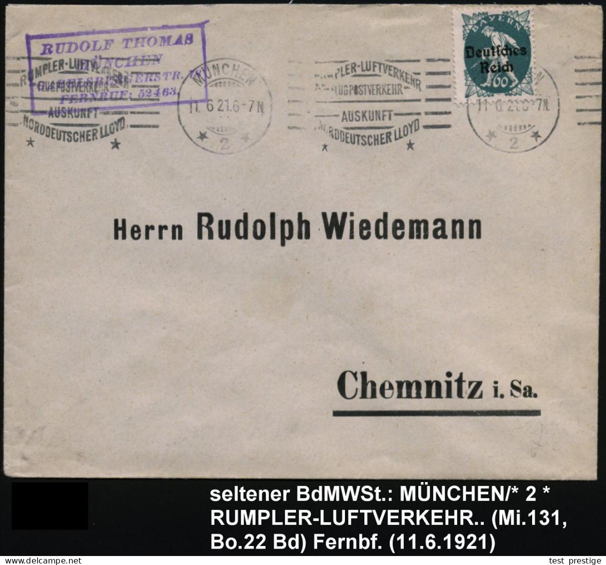 MÜNCHEN/ *2*/ RUMPLER-LUFTVERKEHR/ FLUGPOSTVERKEHR/ ..NORDDT.LLOYD 1921 (11.6.) Gesuchter U. Seltener Band-MWSt Ungewöhn - Otros (Aire)