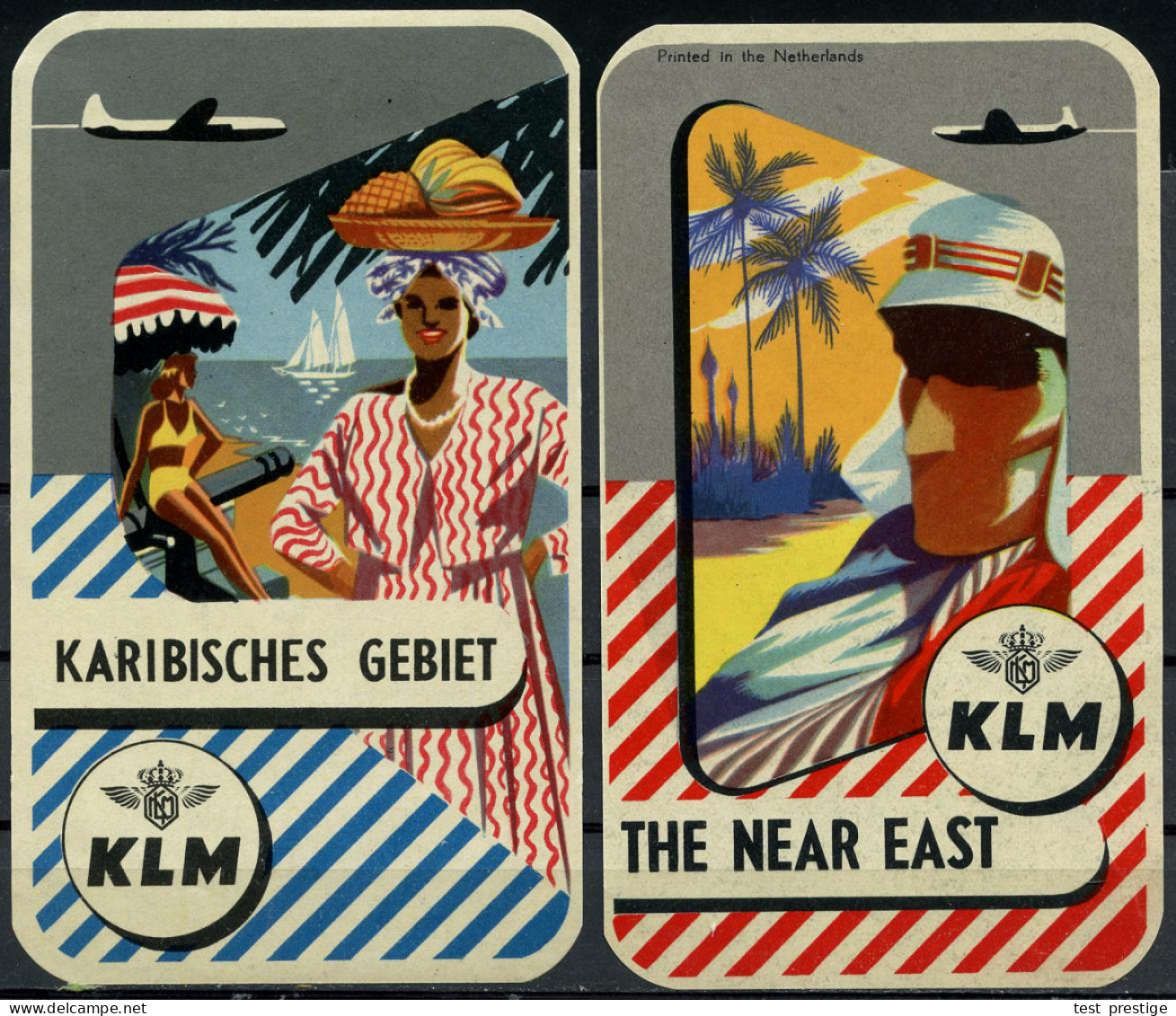 NIEDERLANDE 1950 (ca.) 6 Verschiedene Color-Aufkleber KLM Mit Passenden Illustrationen Der Flug-Ziele , Alle Mit Orig. G - Other (Air)