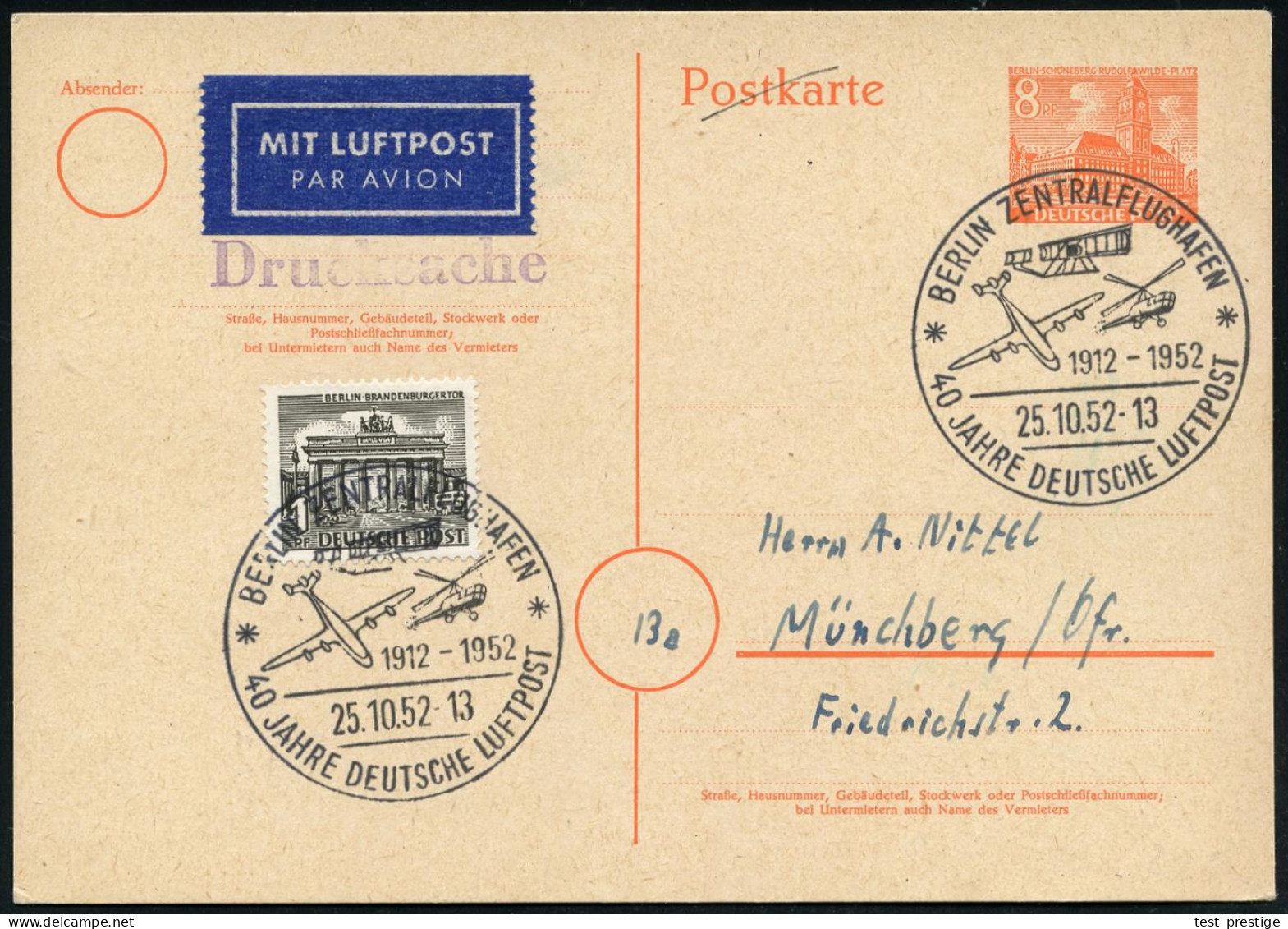 BERLIN-ZENTRALFLUGHAFEN/ ..40 JAHRE DEUTSCHE LUFTPOST 1952 (25.10.) SS = Hauspostamt Flughafen Tempelhof (Wright-Doppeld - Otros (Aire)