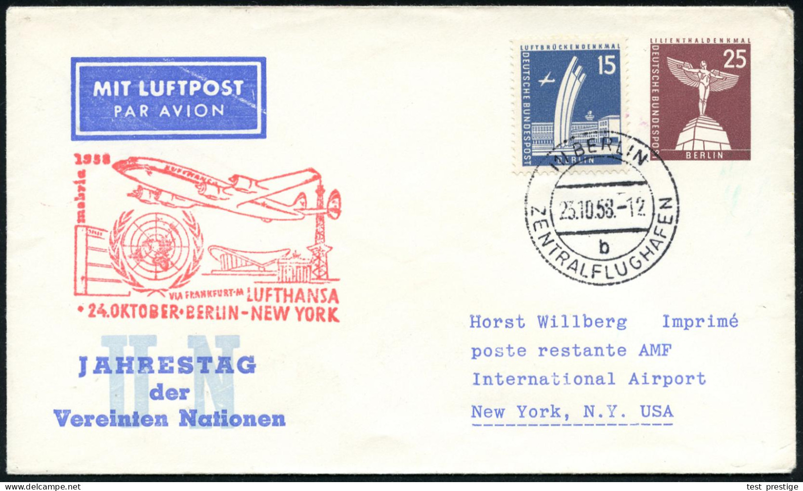 (1) BERLIN/ B/ ZENTRALFLUGHAFEN 1958 (23.10.) 2K-Steg = Hauspostamt Flughafen Tempelhof Auf PU 25 Pf. Lilienthal: Jahres - Sonstige (Luft)