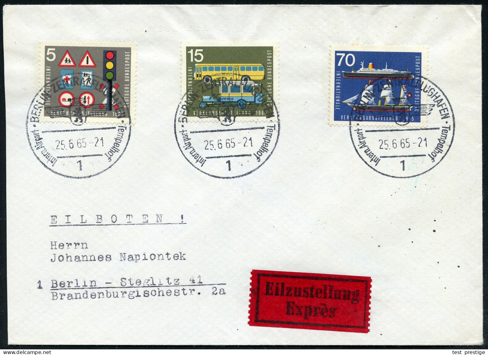 1 BERLIN-ZENTRALFLUGHAFEN/ Tempelhof/ Intern.Airport 1965 (25.6.) HWSt = Hauspostamt Flughafen Tempelhof 3x Auf 90 Pf. F - Other (Air)