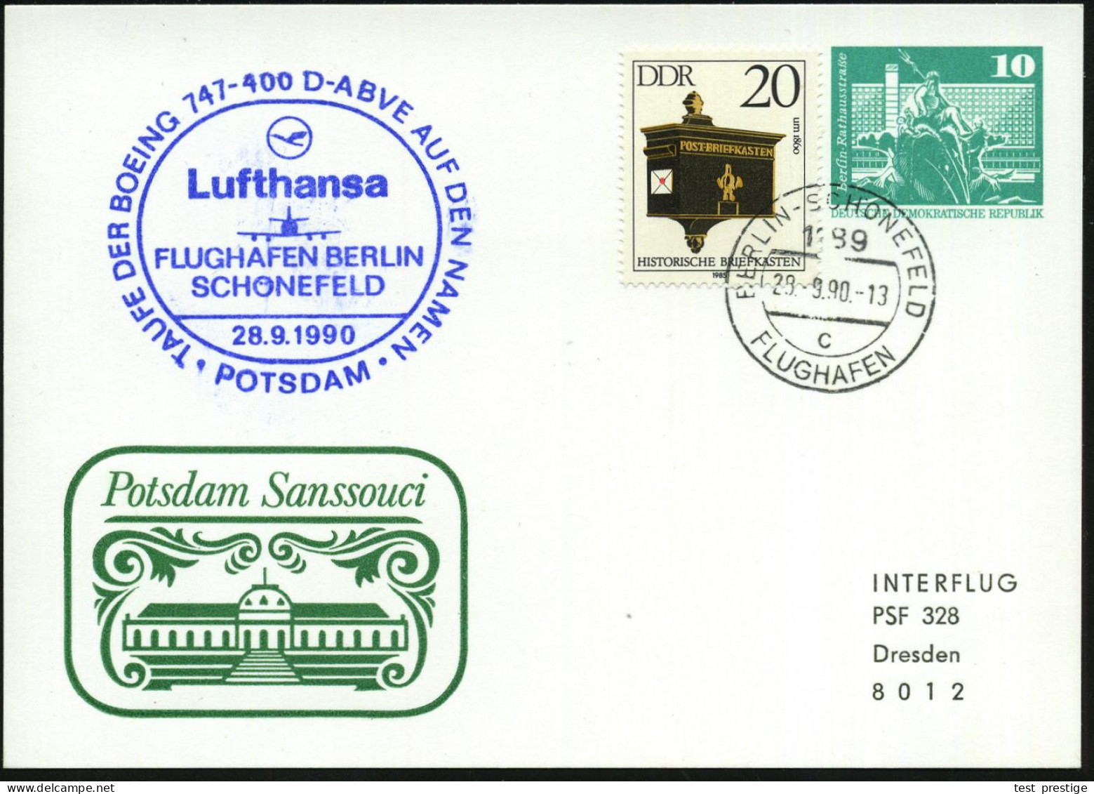 1189 BERLIN-SCHÖNEFELD/ C/ FLUGHAFEN 1990 (28.9.) 1K-Segment = Hauspostamt Flughafen Ost-Berlin + Blauer HdN: TAUFE..BOE - Sonstige (Luft)