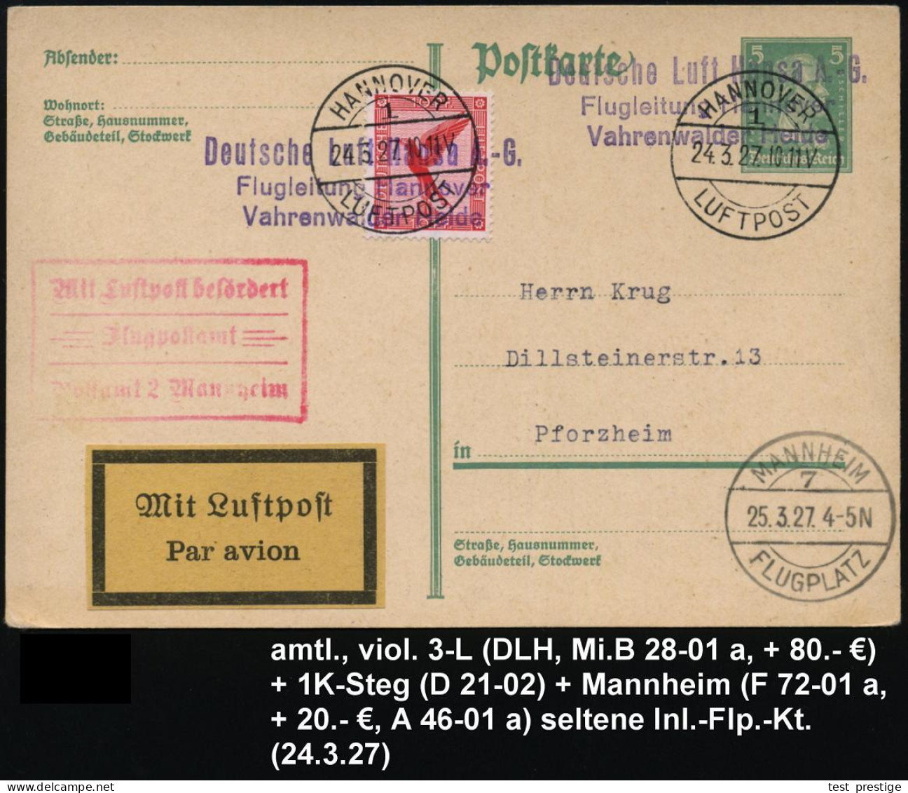 Hannover Vahrenwalder Heide 1927 (24.3.) Seltener, Amtl. Viol. 3L Ohne Datum: Deutsche Luft Hansa A.G./ Flugleitung Hann - Other (Air)