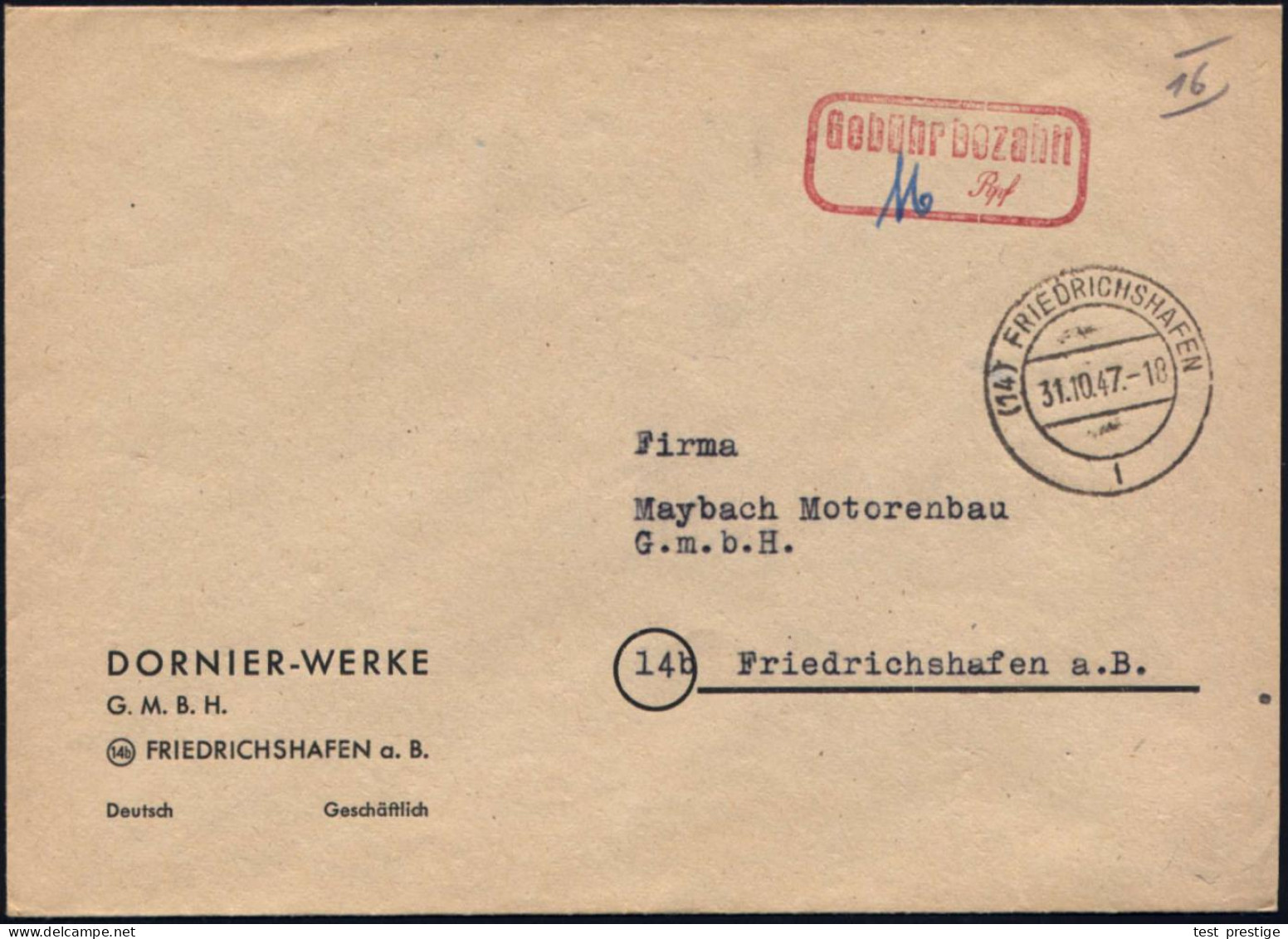 (14) FRIEDRICHSHAFEN/ L 1947 (31.10.) 2K-Steg + Roter Ra2: Gebühr Bezahlt/...Rpf Auf Firmen-Bf: DORNIER-WERKE GMBH + Hs. - Airplanes