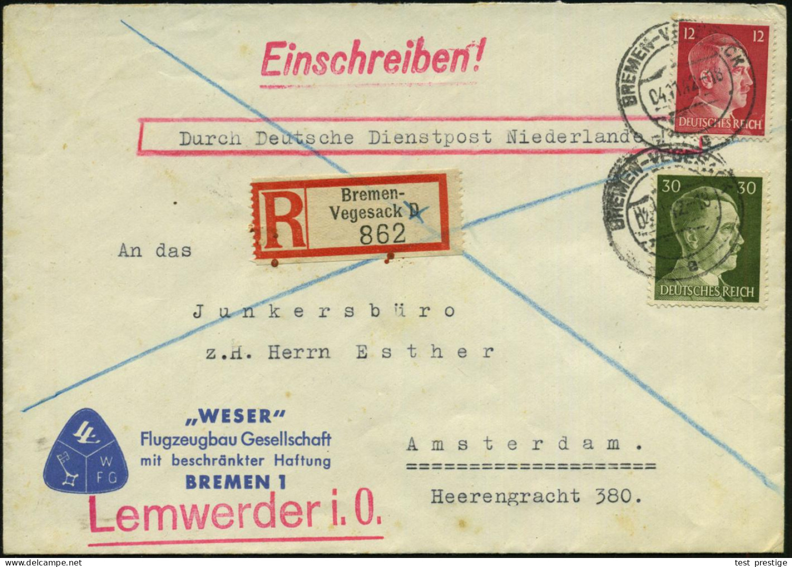 BREMEN-VEGESACK/ A 1942 (4.11.) 2K-Steg Auf Hitler 12 Pf. U. 30 Pf. + RZ: Bremen-/Vegesack D ("D" Gestrichen) , Firmen-B - Avions