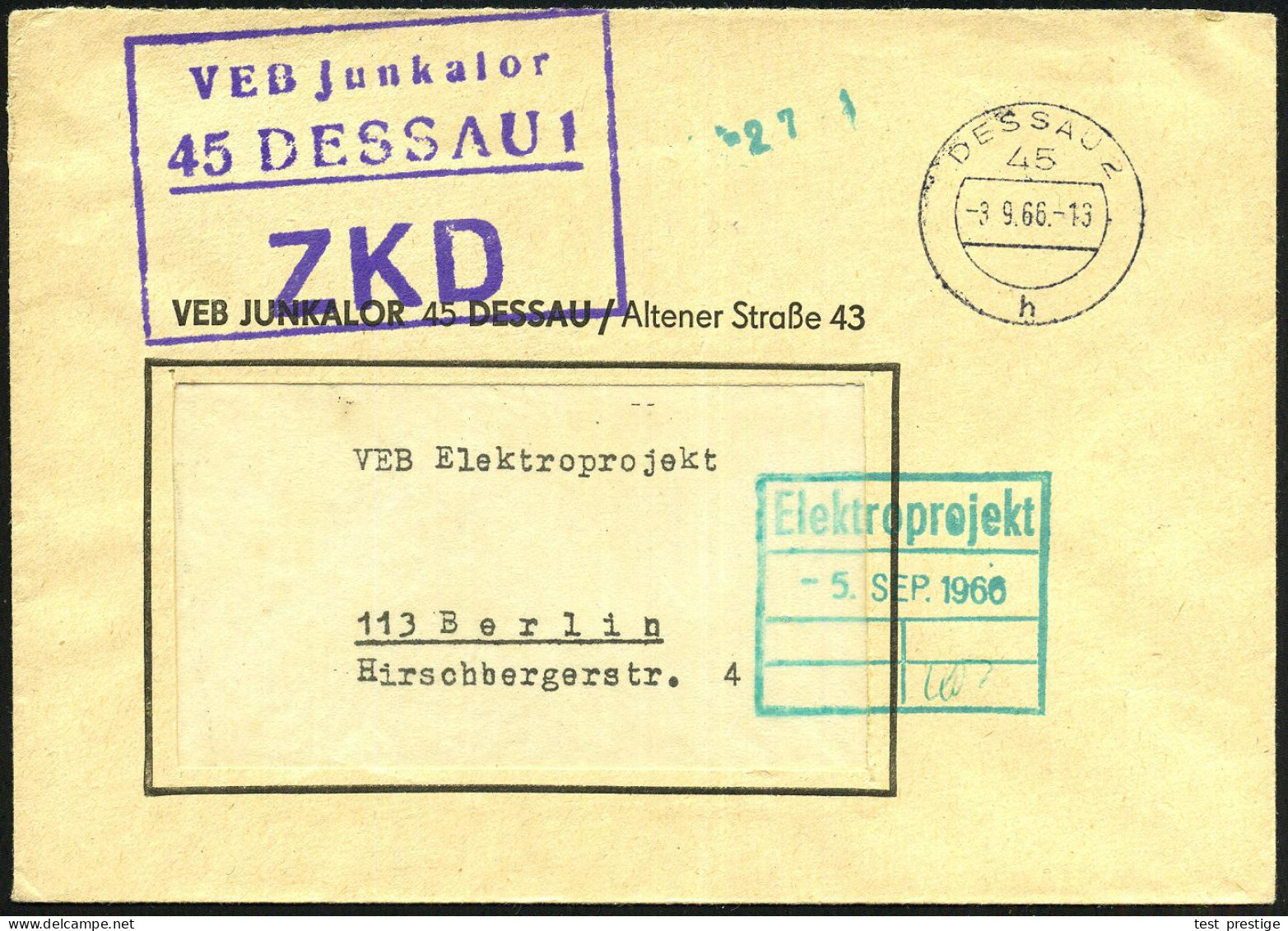 45 DESSAU 1/ ZKD/ VEB Junkalor 1966 (3.9.) Viol. ZKD-Ra.3 + 1K: 45 DESSAU 2/h Auf Entspr. Dienst-Bf. = Enteignete Firma  - Aviones