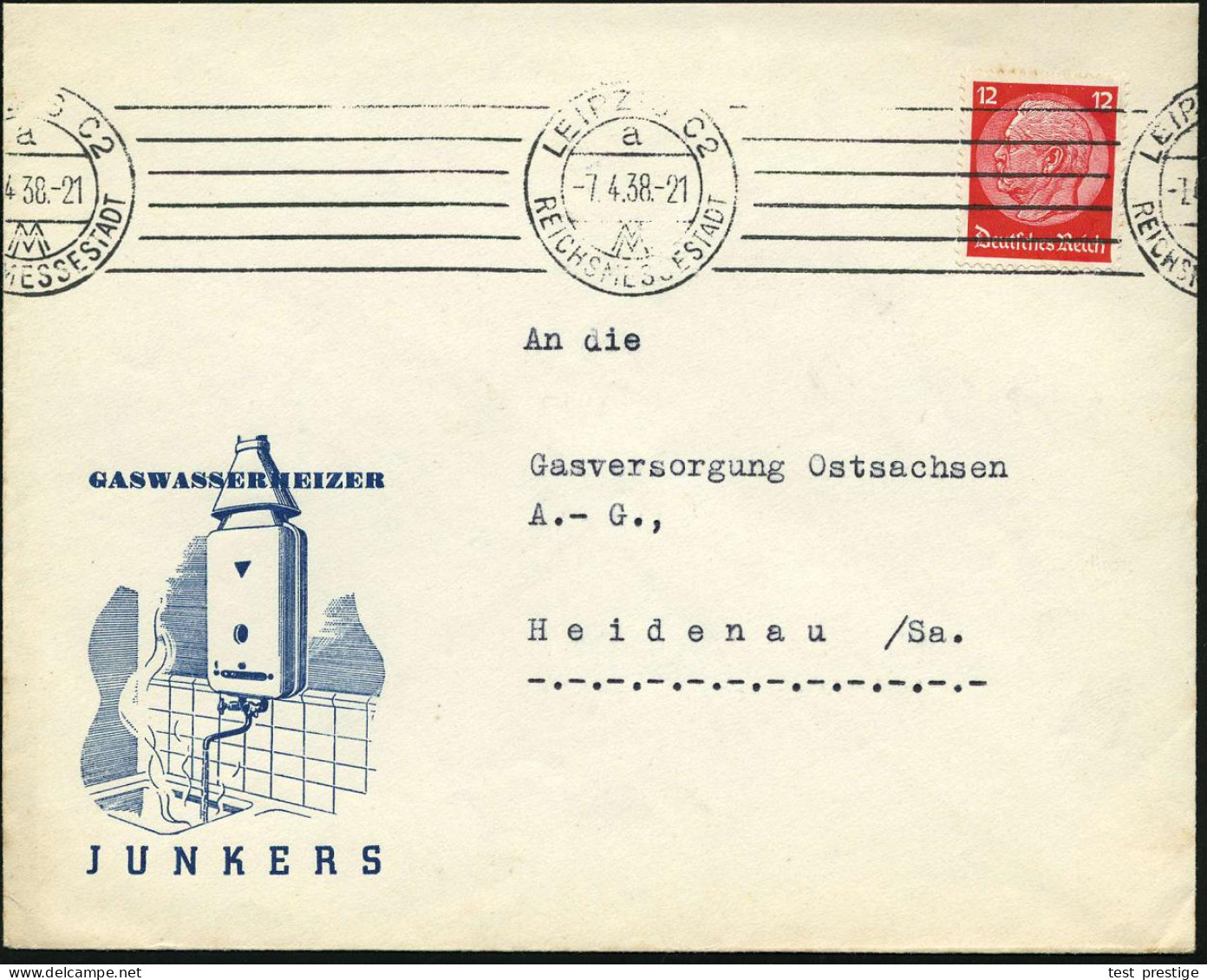 Leipzig C 2 1938 (Apr.) Reklame-Bf.: GASWASSERHEIZER JUNKERS (Gas-Therme, Spüle) Rs. Abs.-Vordruck: ..Generalvertretung  - Flugzeuge