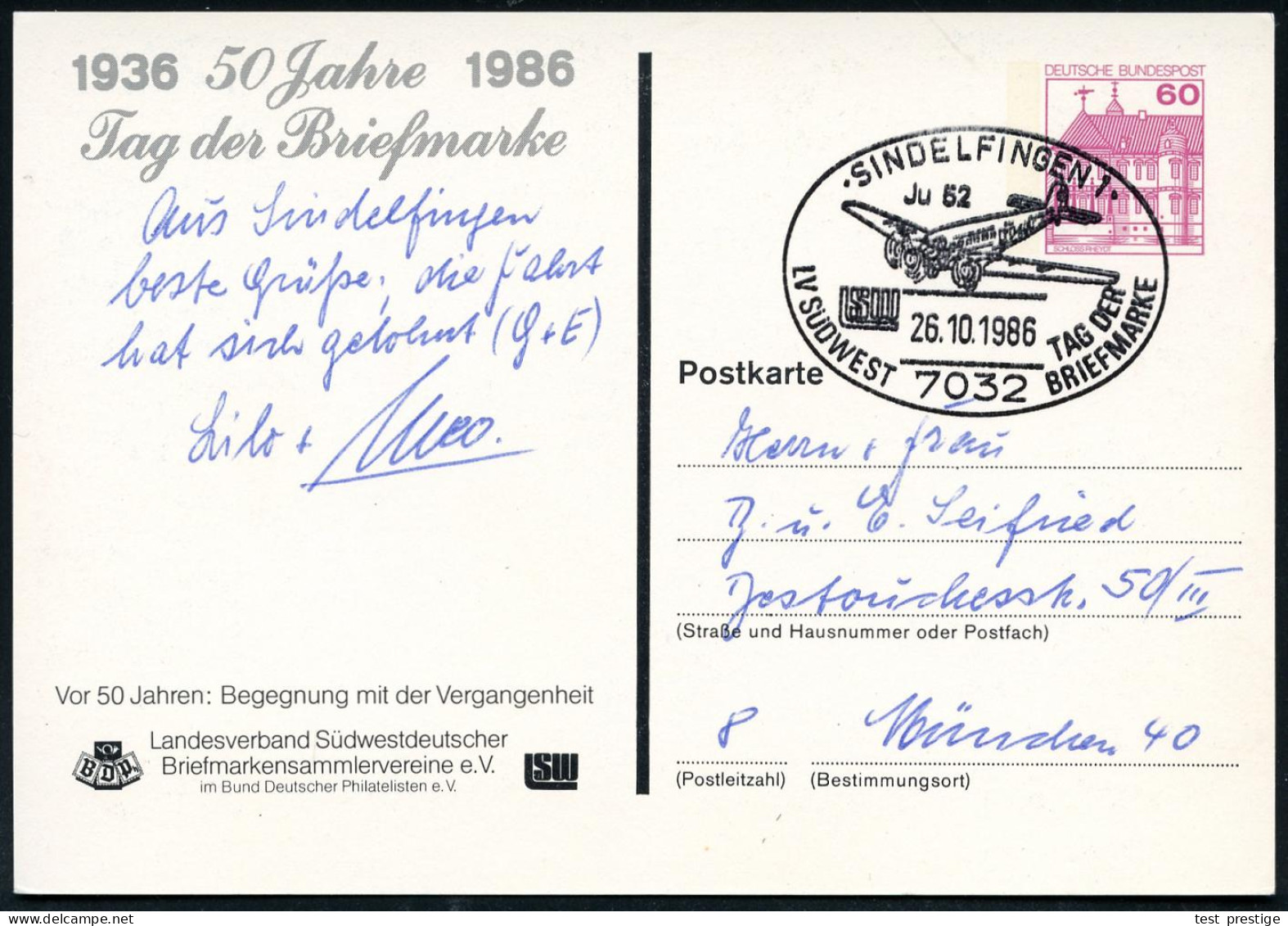 7032 SINDELFINGEN/ Ju 52/ ..TAG DER/ BRIEFMARKE 1986 (26.10.) SSt = Junkers "Ju 52" Auf Motivgl. PP 60 Pf. Bauwerke: Tag - Airplanes